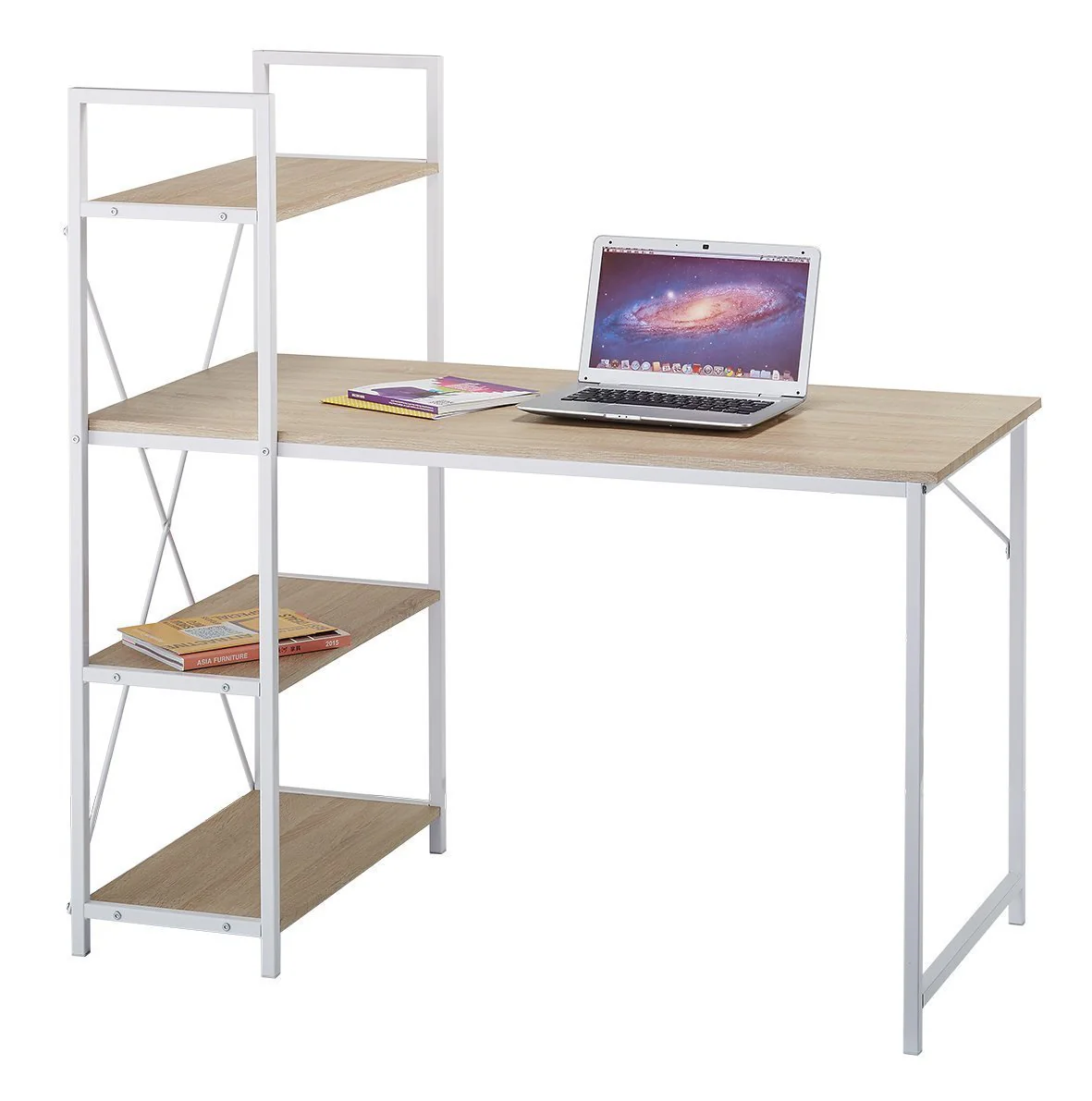 4-Tier Shelves Computer Workstation Desk, Natural Colour - Image 3