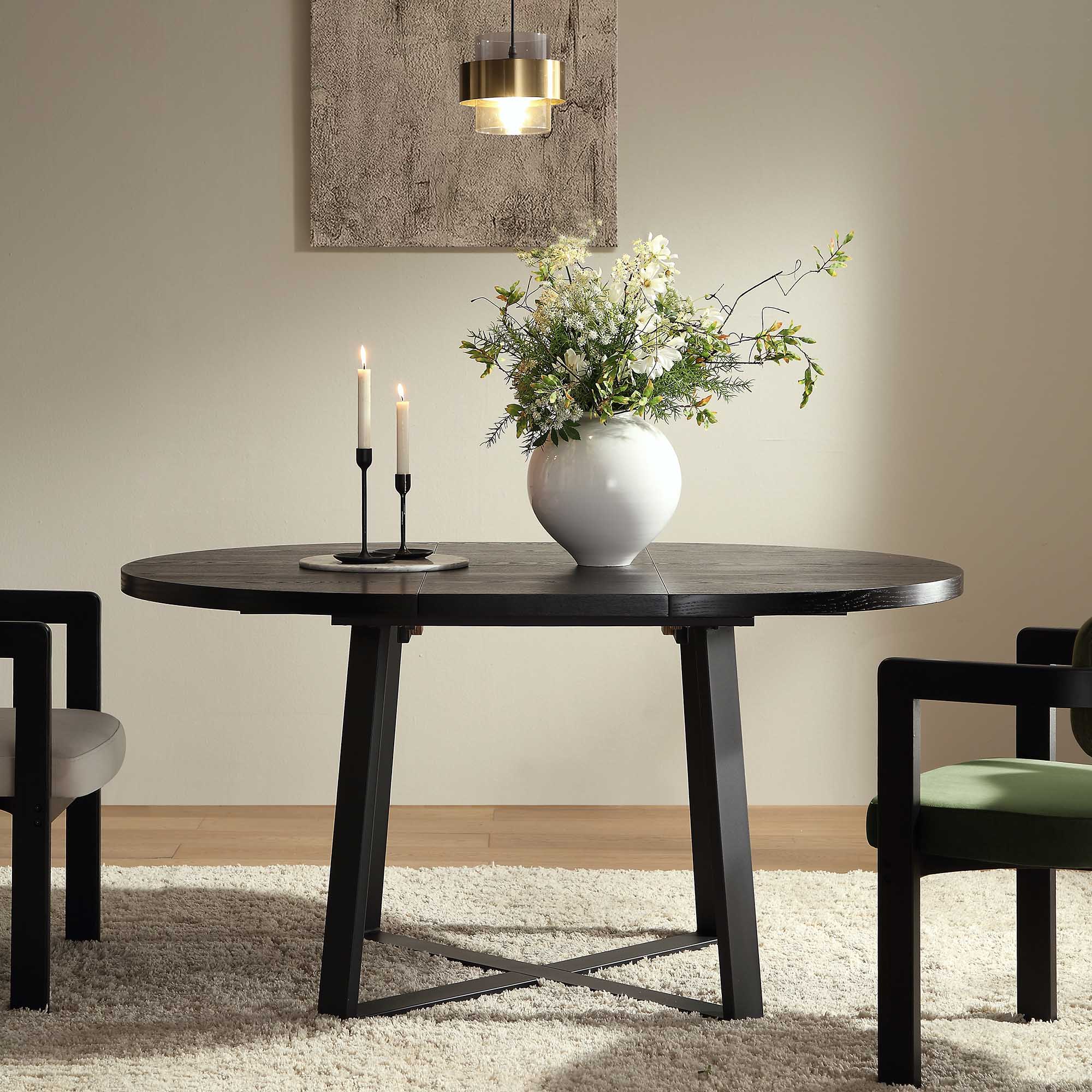 BERN Extending Round Dining Table with Metal Legs, Black - Image 3