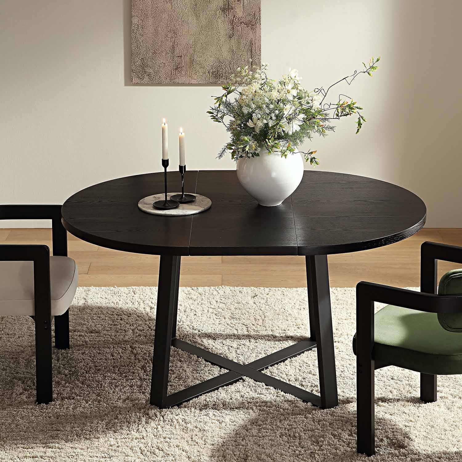 BERN Extending Round Dining Table with Metal Legs, Black - Image 4