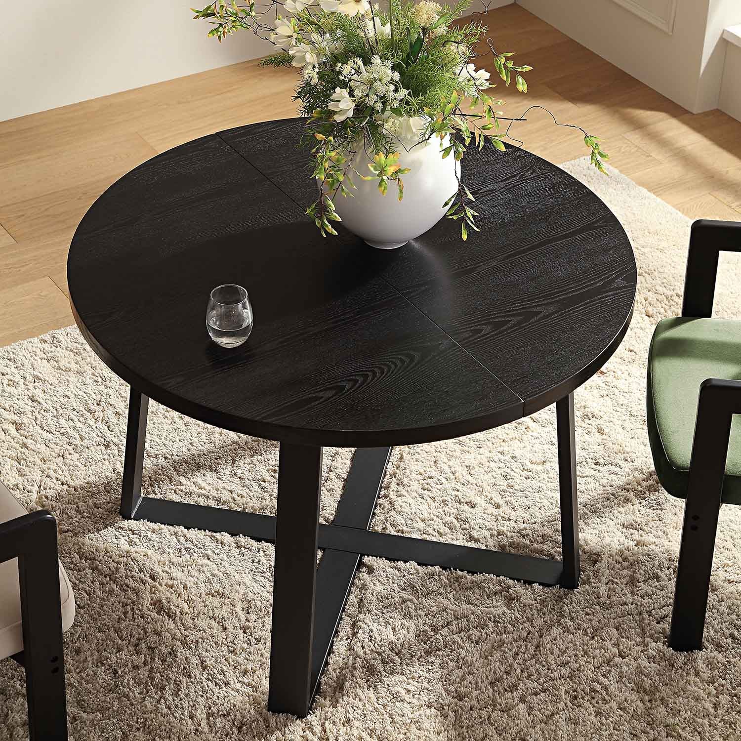 BERN Extending Round Dining Table with Metal Legs, Black - Image 5