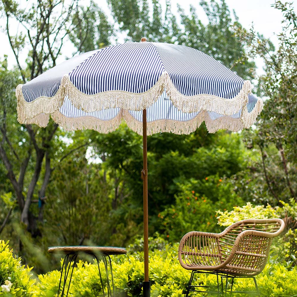 Gabriel Blue and White Striped Fringed Parasol with Tilt - Image 3