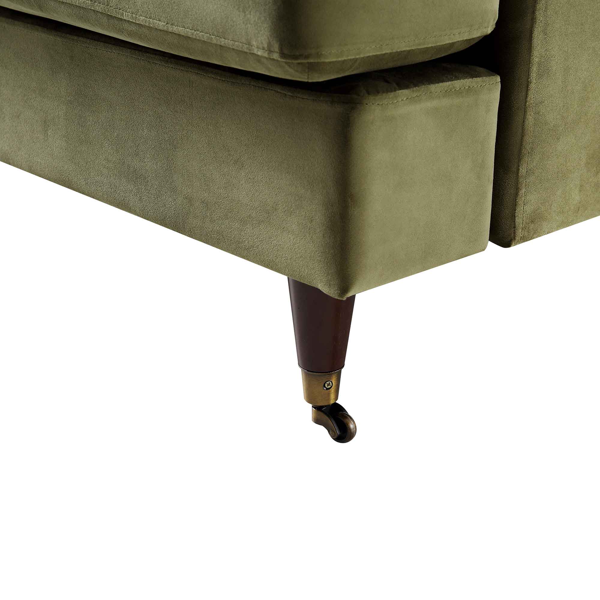 Brigette 2-Seater Olive Green Velvet Sofa with Antique Brass Castor Legs - Image 12