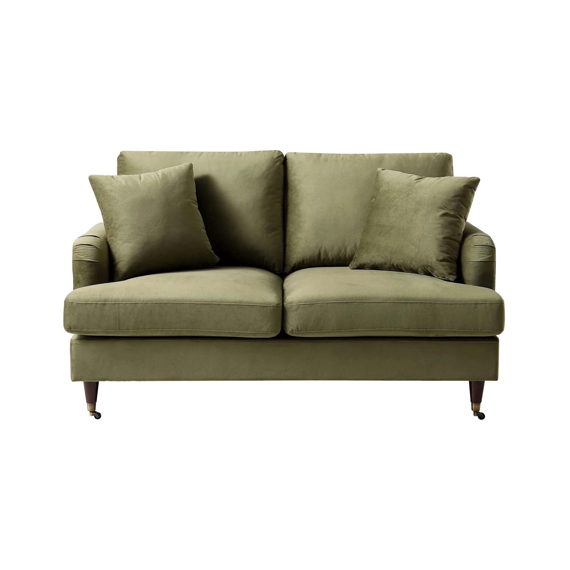Brigette 2-Seater Olive Green Velvet Sofa with Antique Brass Castor Legs - Image 4