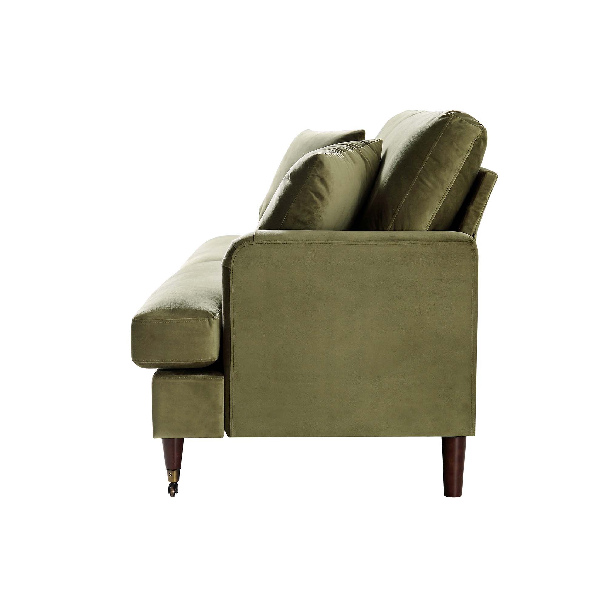 Brigette 2-Seater Olive Green Velvet Sofa with Antique Brass Castor Legs - Image 7