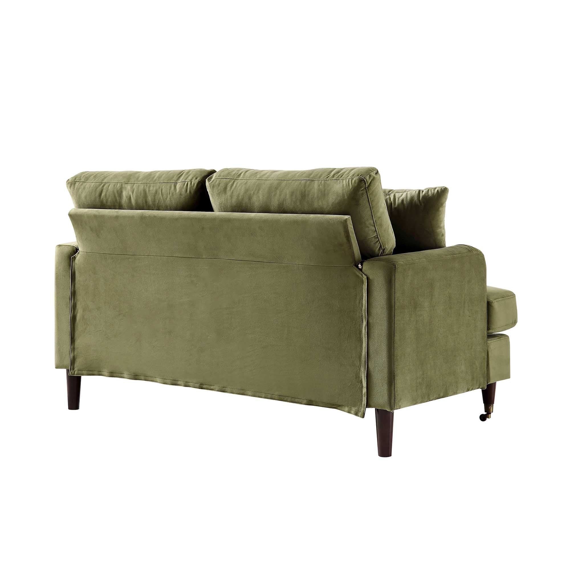 Brigette 2-Seater Olive Green Velvet Sofa with Antique Brass Castor Legs - Image 9