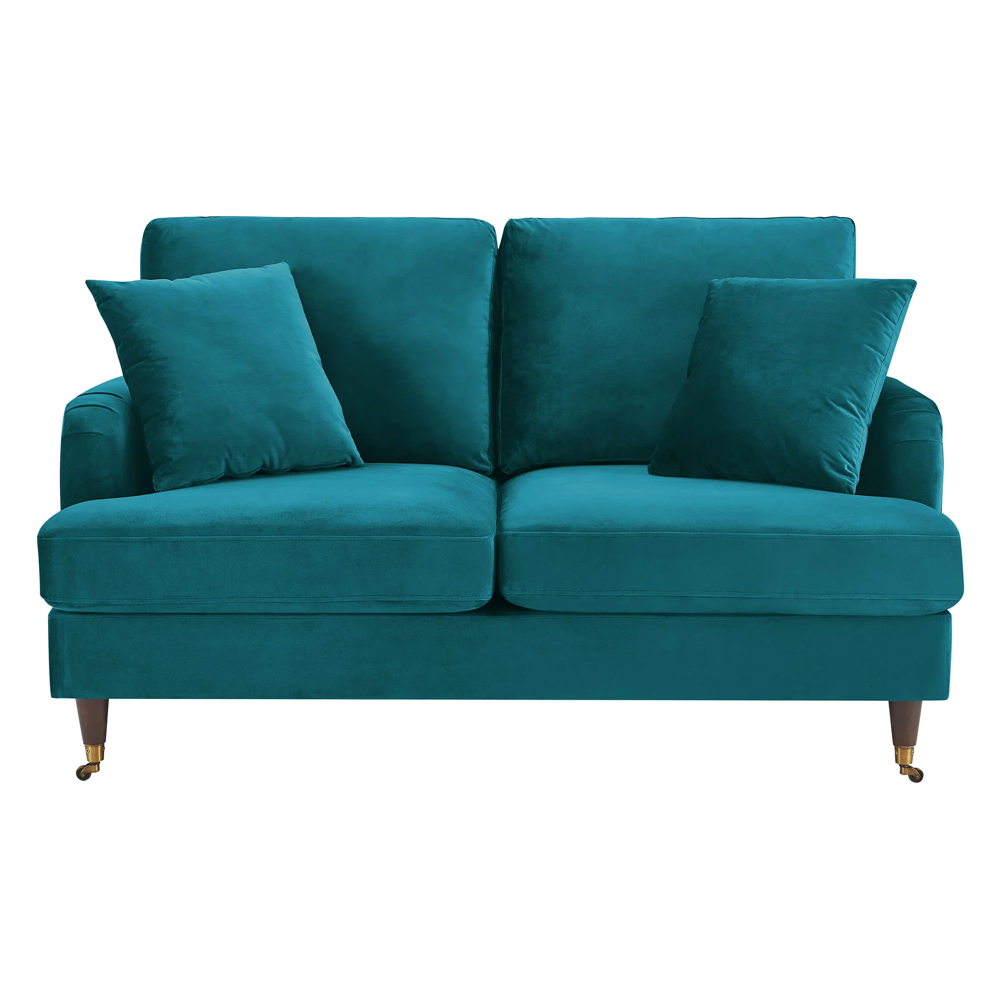 Brigette 2-Seater Teal Velvet Sofa with Antique Brass Castor Legs - Image 4