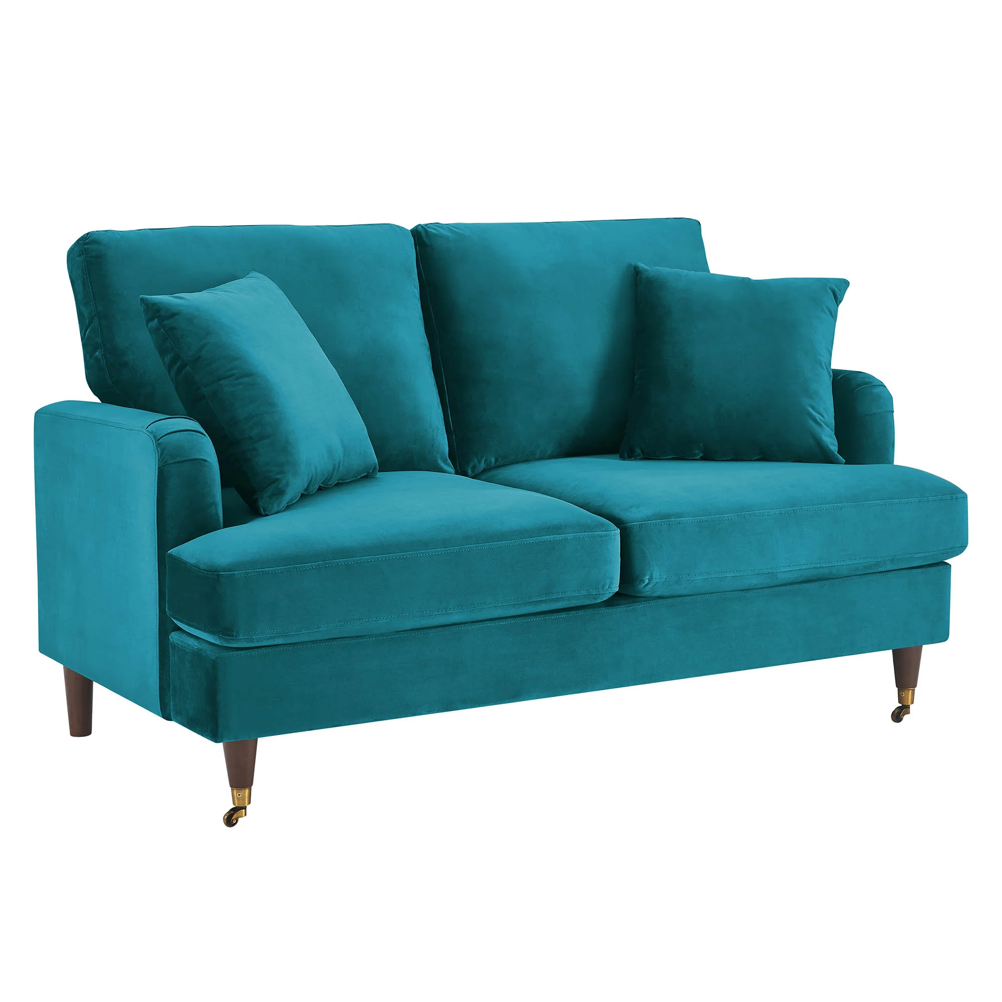 Brigette 2-Seater Teal Velvet Sofa with Antique Brass Castor Legs - Image 5