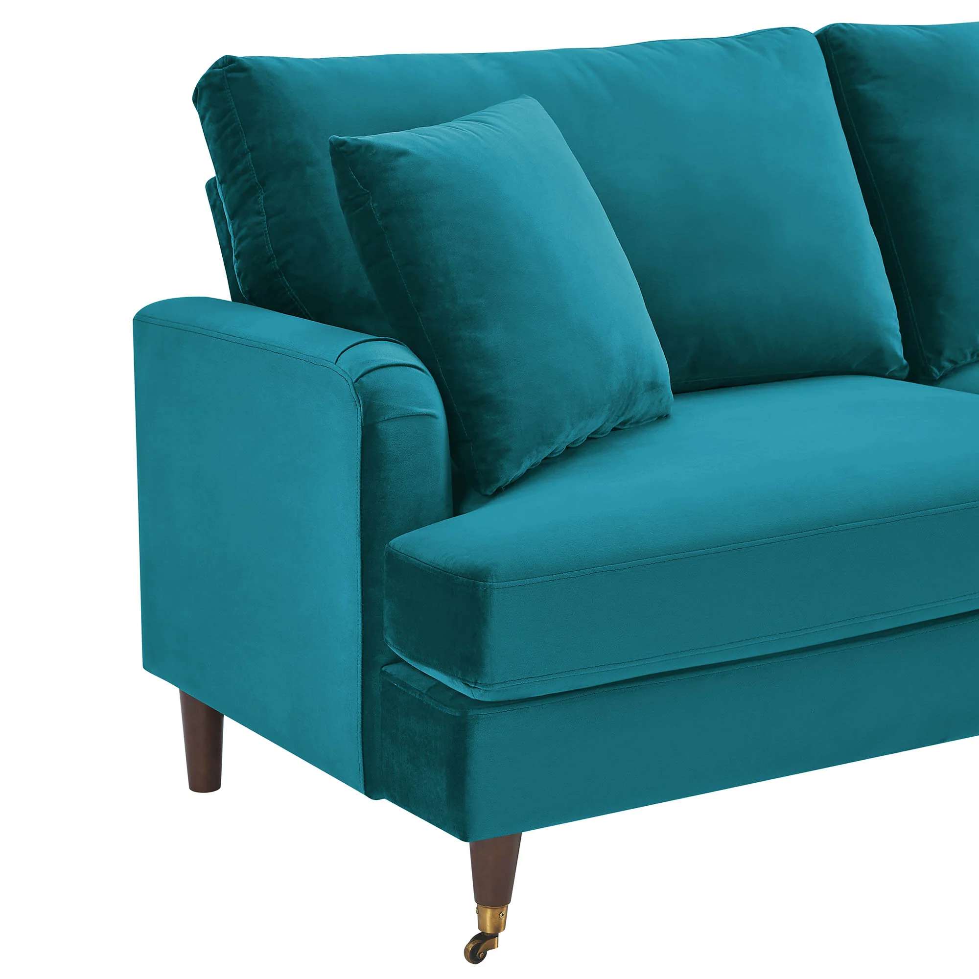 Brigette 2-Seater Teal Velvet Sofa with Antique Brass Castor Legs - Image 8