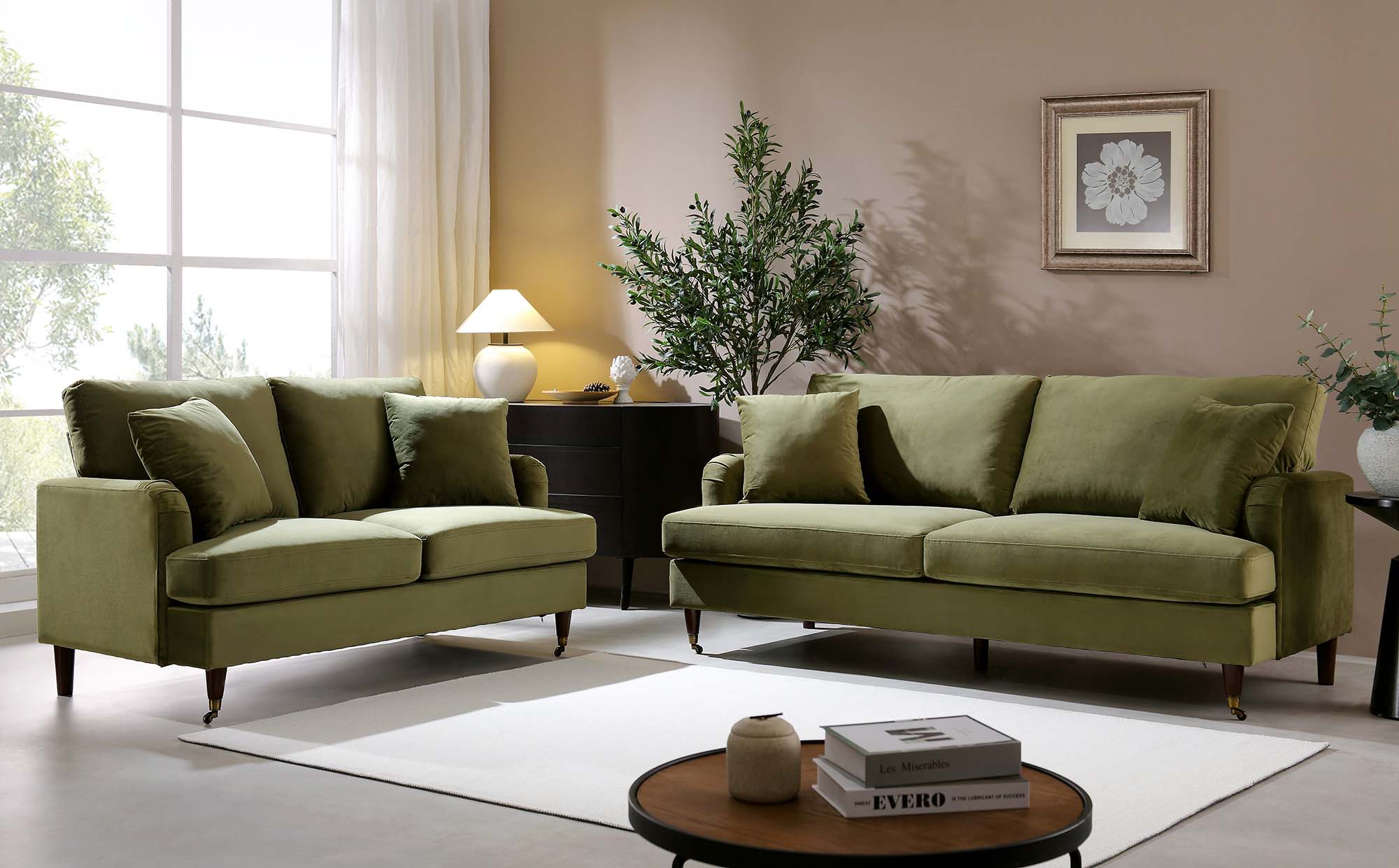 Brigette 2-Seater Olive Green Velvet Sofa with Antique Brass Castor Legs - Image 3