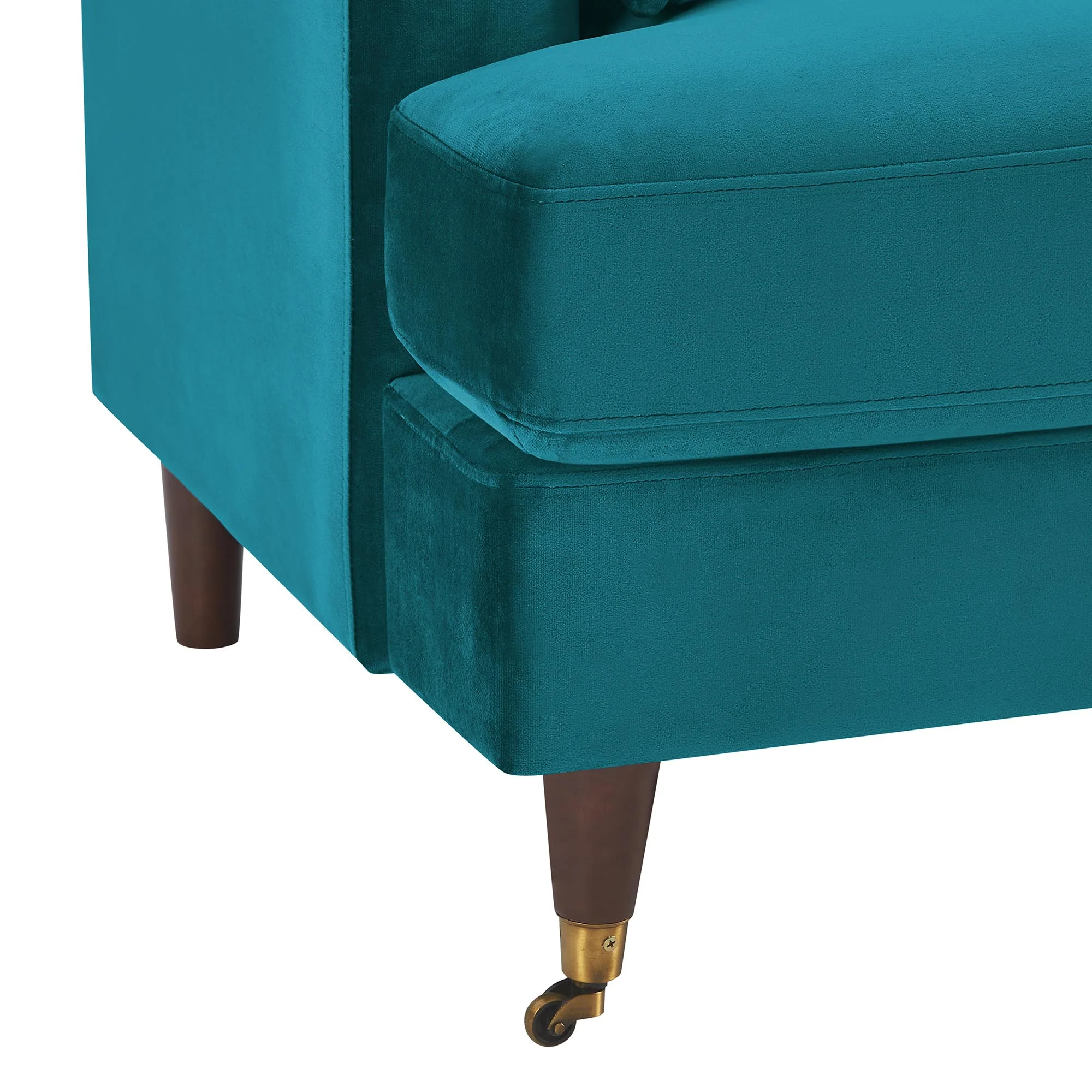 Brigette 3-Seater Teal Velvet Sofa with Antique Brass Castor Legs - Image 10