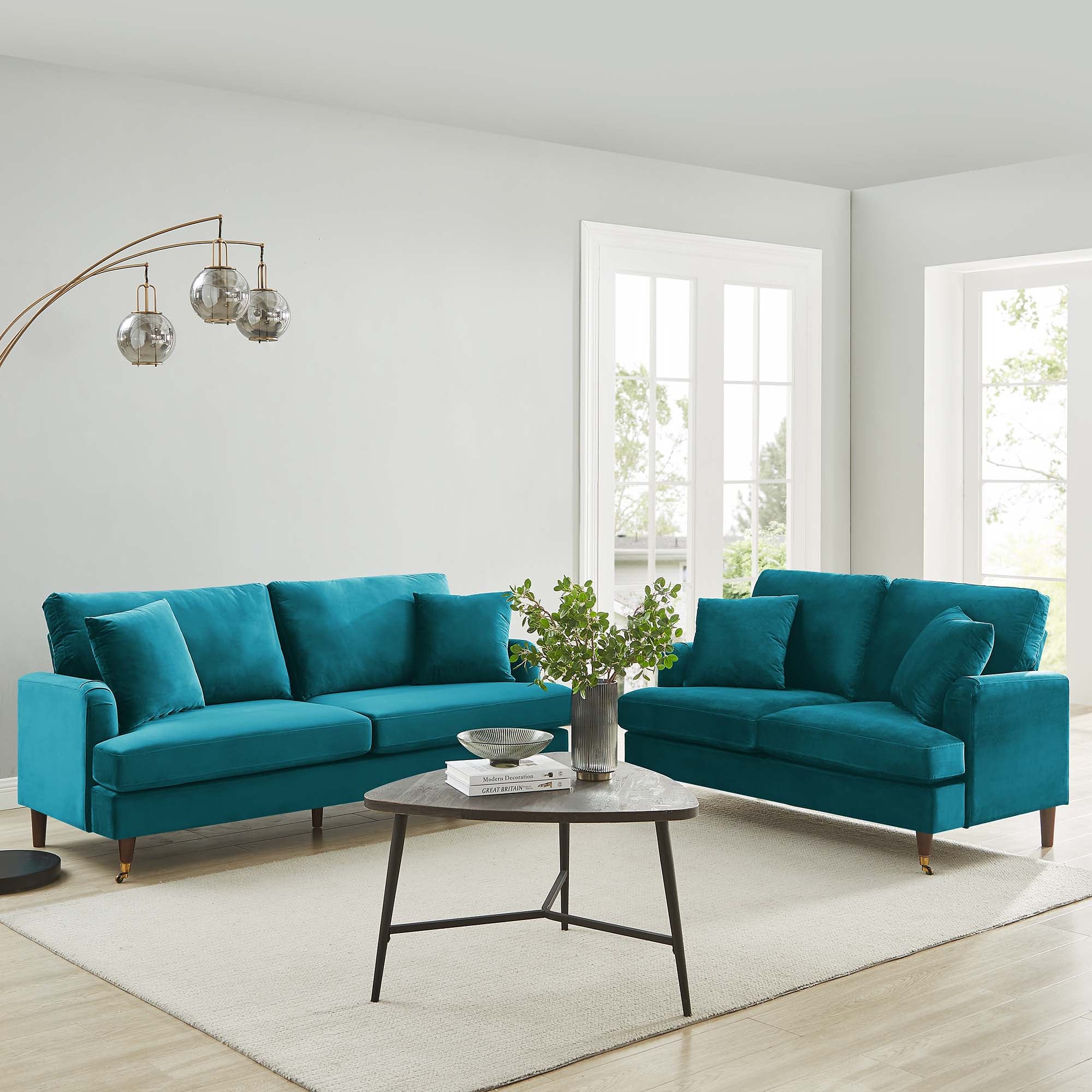 Brigette 3-Seater Teal Velvet Sofa with Antique Brass Castor Legs - Image 3