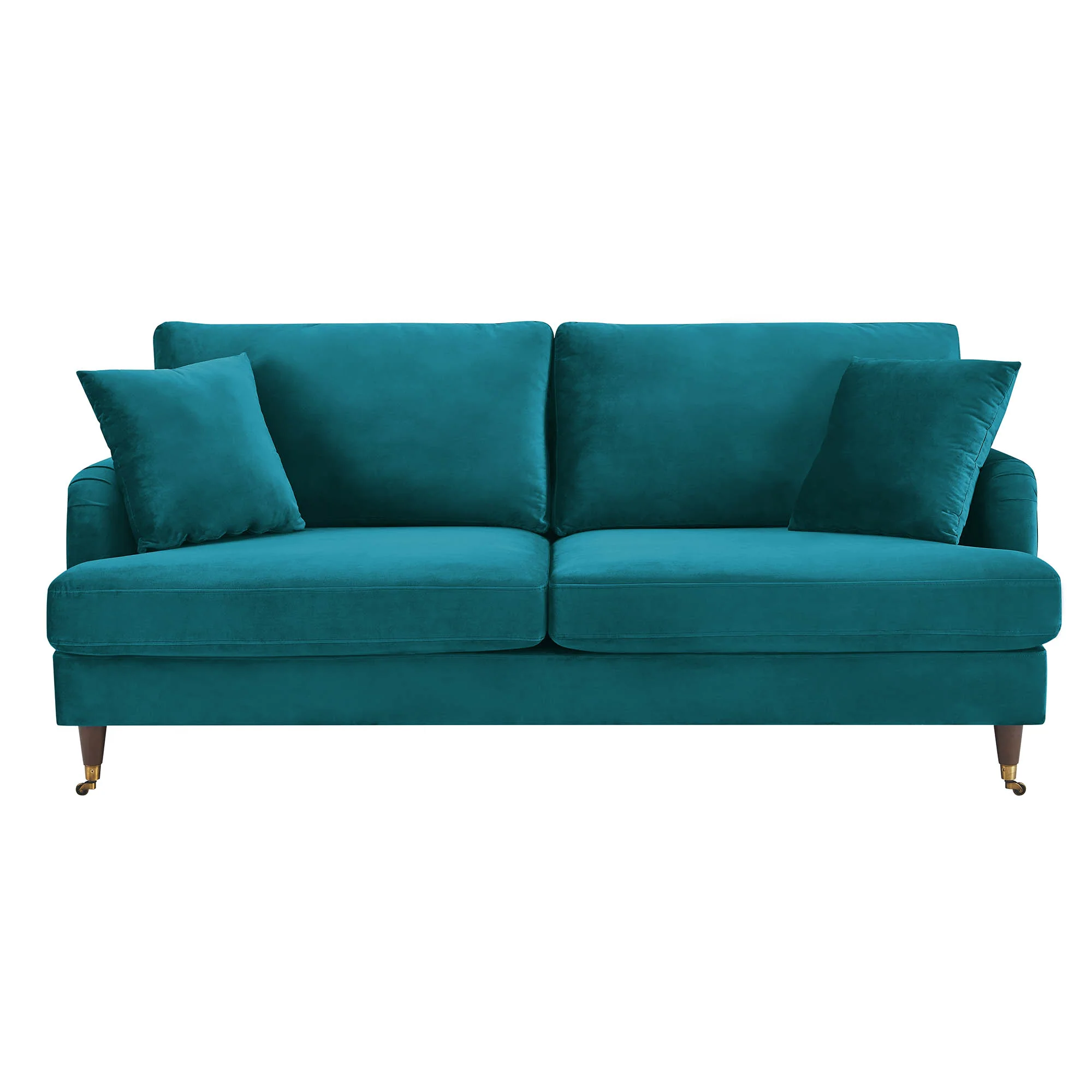 Brigette 3-Seater Teal Velvet Sofa with Antique Brass Castor Legs - Image 4