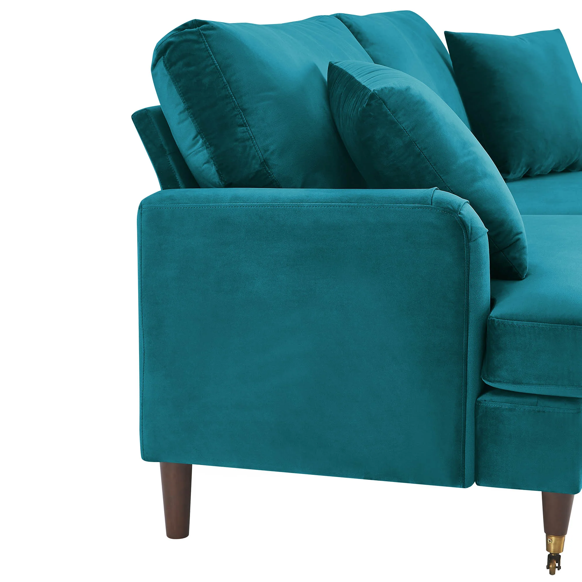 Brigette 3-Seater Teal Velvet Sofa with Antique Brass Castor Legs - Image 9