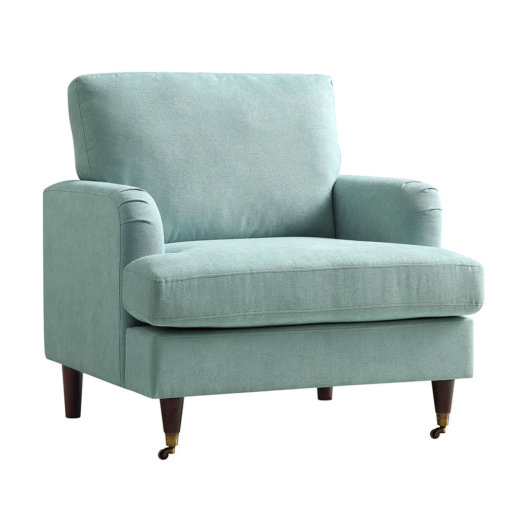 Brigette Mint Soft Brushed Fabric Armchair with Antique Brass Castor Legs - Image 4