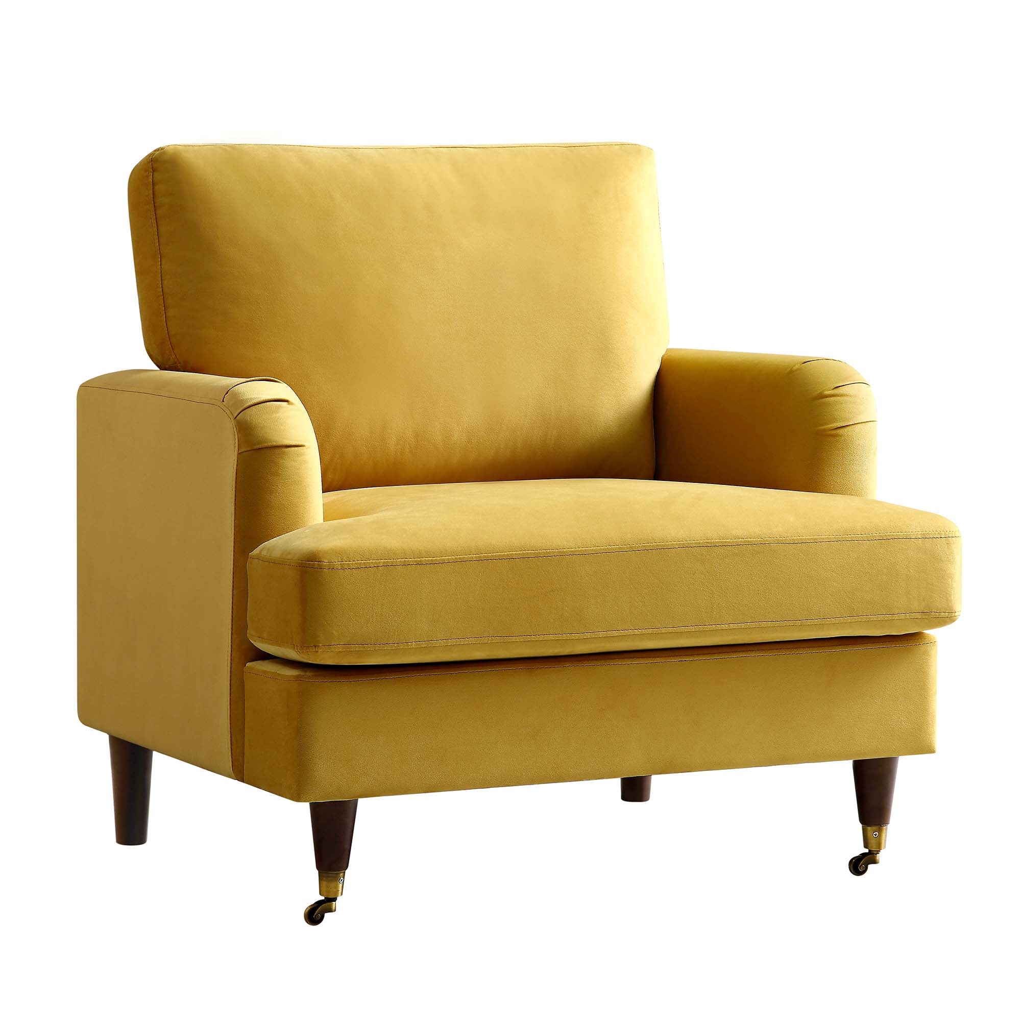 Brigette Mustard Velvet Armchair with Antique Brass Castor Legs - Image 3