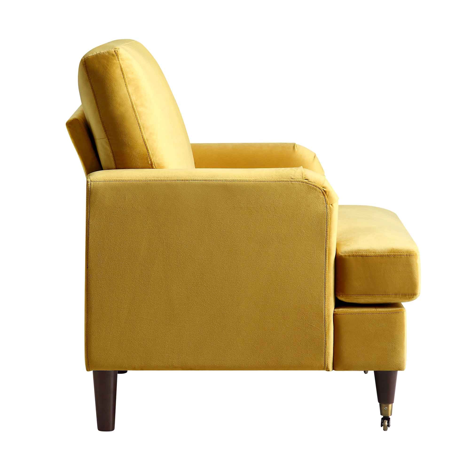 Brigette Mustard Velvet Armchair with Antique Brass Castor Legs - Image 6