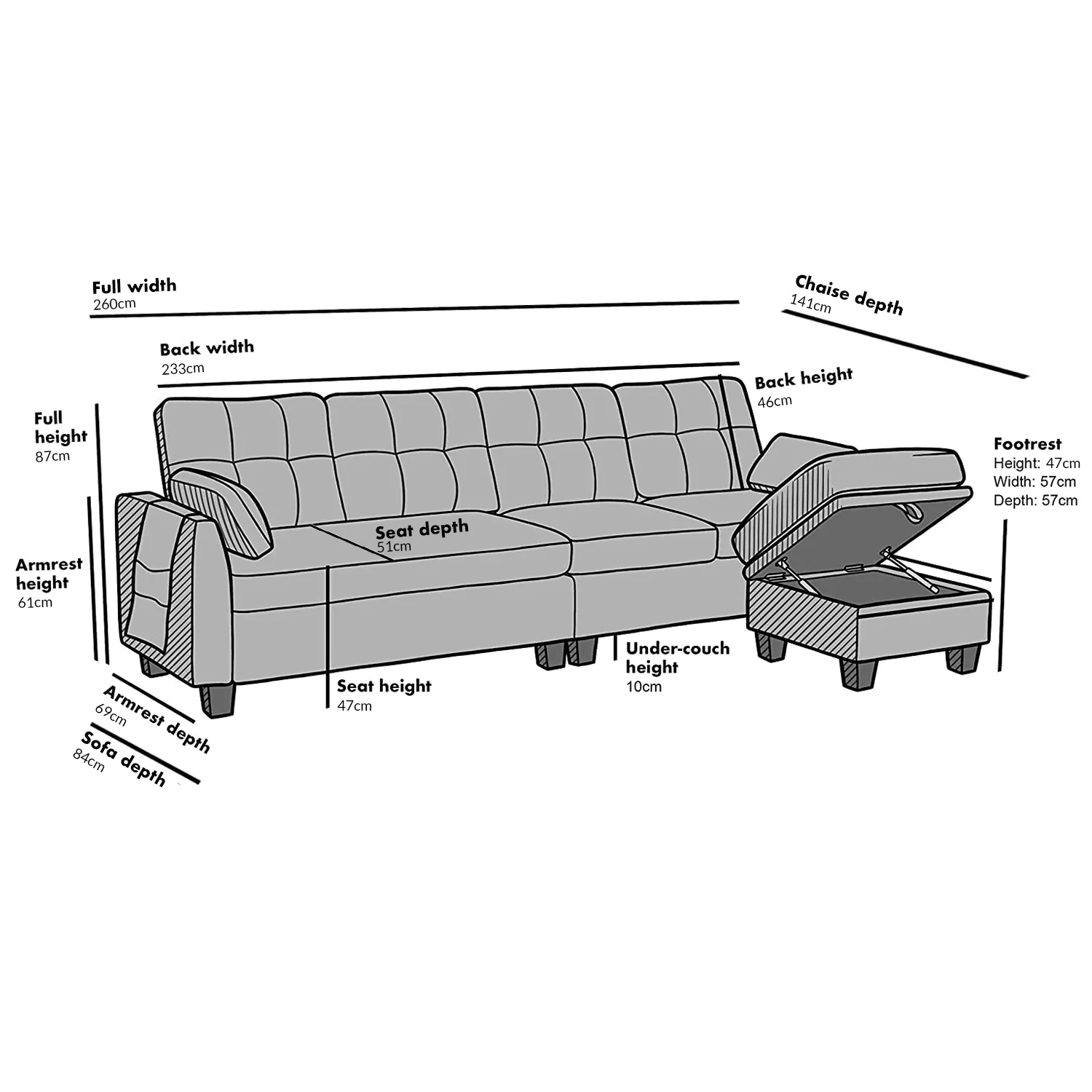 Brunswick Large 4-Seater Storage Chaise Sofa in Dark Grey - Image 9