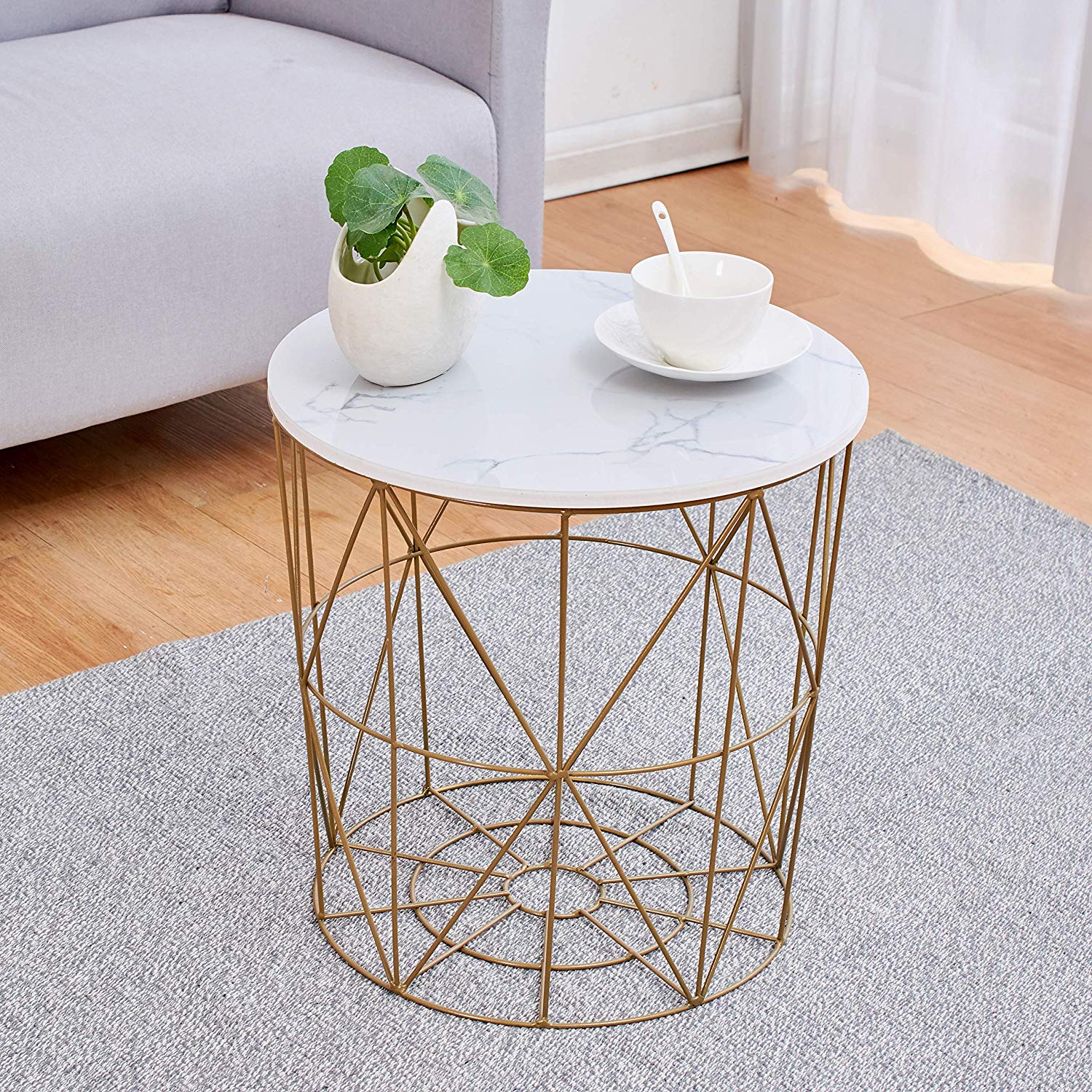 Koram Marble Effect Top Basket Side Table Golden Geometric Wire Frame End Table - Image 3