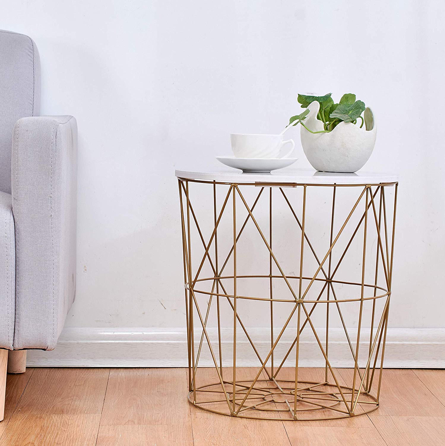 Koram Marble Effect Top Basket Side Table Golden Geometric Wire Frame End Table - Image 4
