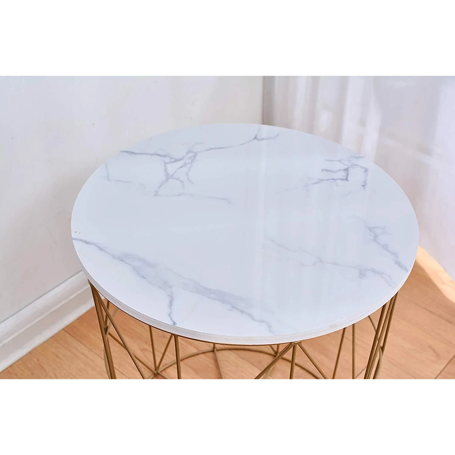 Koram Marble Effect Top Basket Side Table Golden Geometric Wire Frame End Table - Image 5