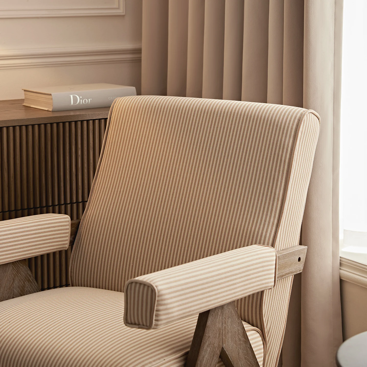 Chinnor Ochre Striped Linen Blend Weathered Oak Frame Accent Chair - Image 5