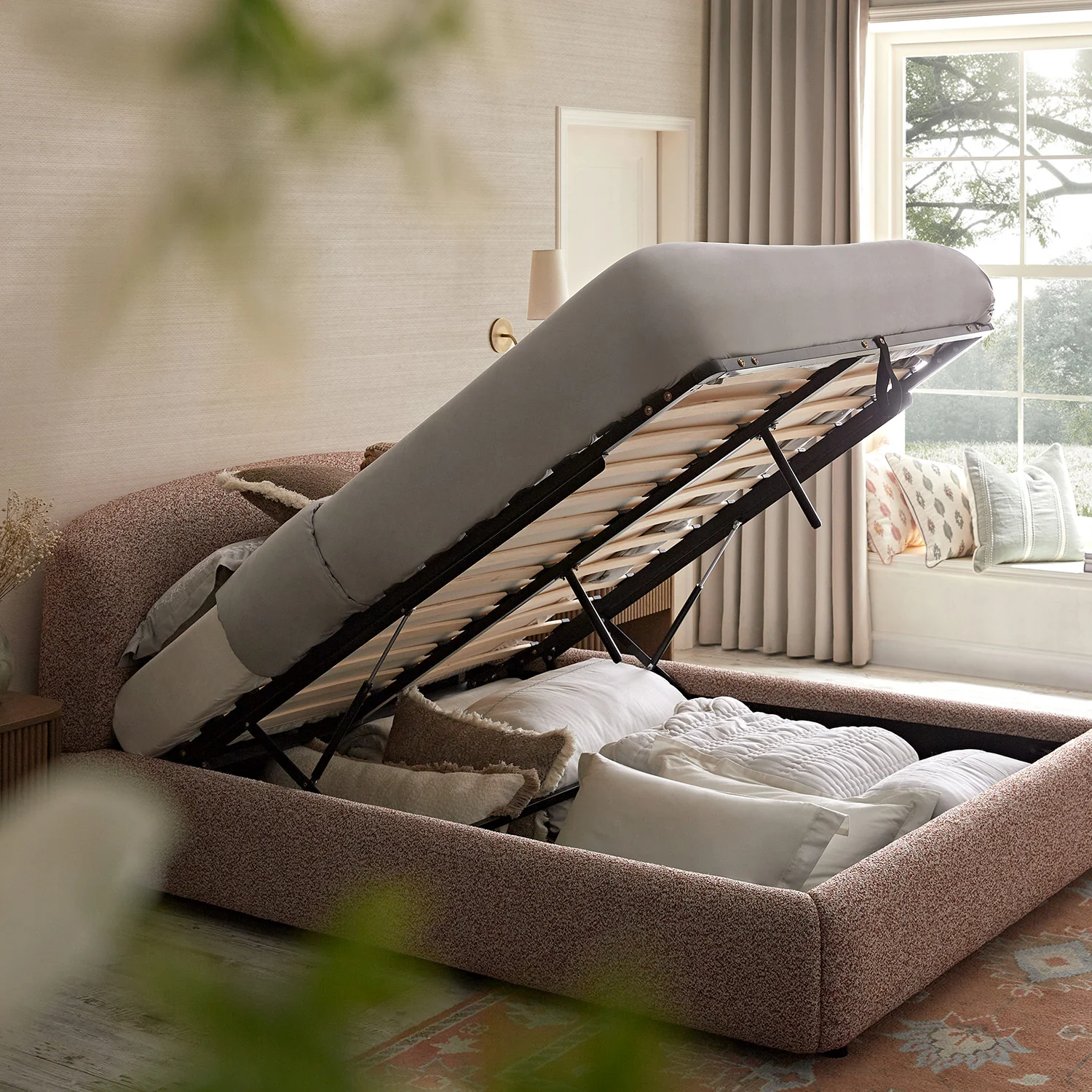 Constance Winged Headboard Ottoman Storage Bed, Musk Blush Boucle - Image 3