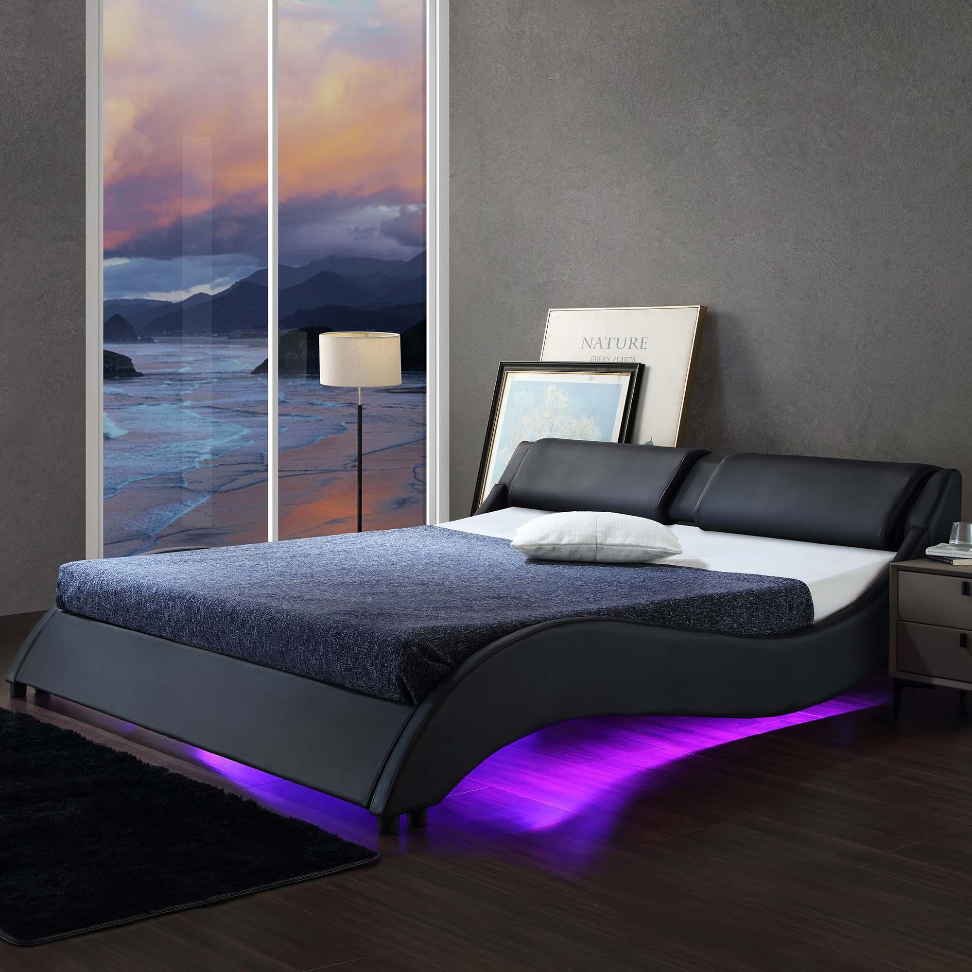 CORVUS Faux Leather Upholstered Bed Frame with Underbed LED Lights, Black - Image 3