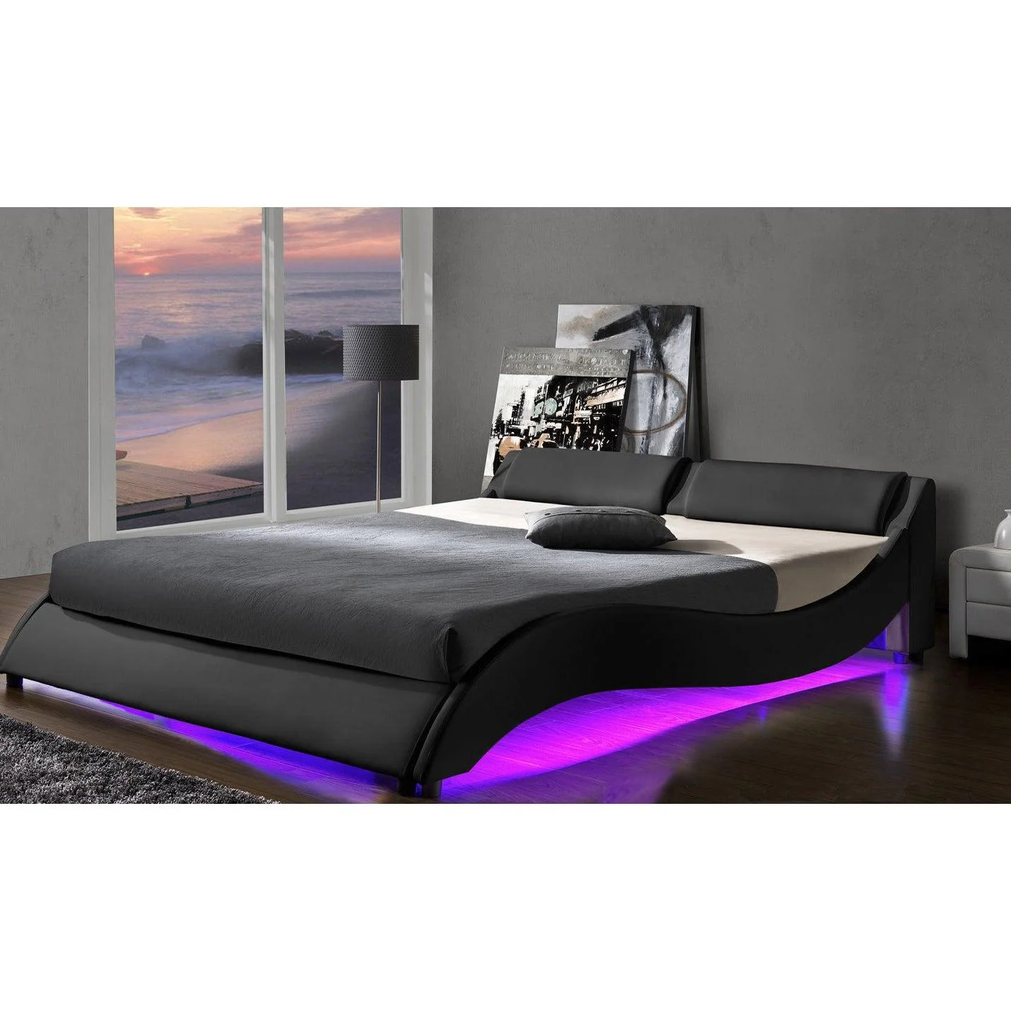 CORVUS Faux Leather Upholstered Bed Frame with Underbed LED Lights, Black - Image 4