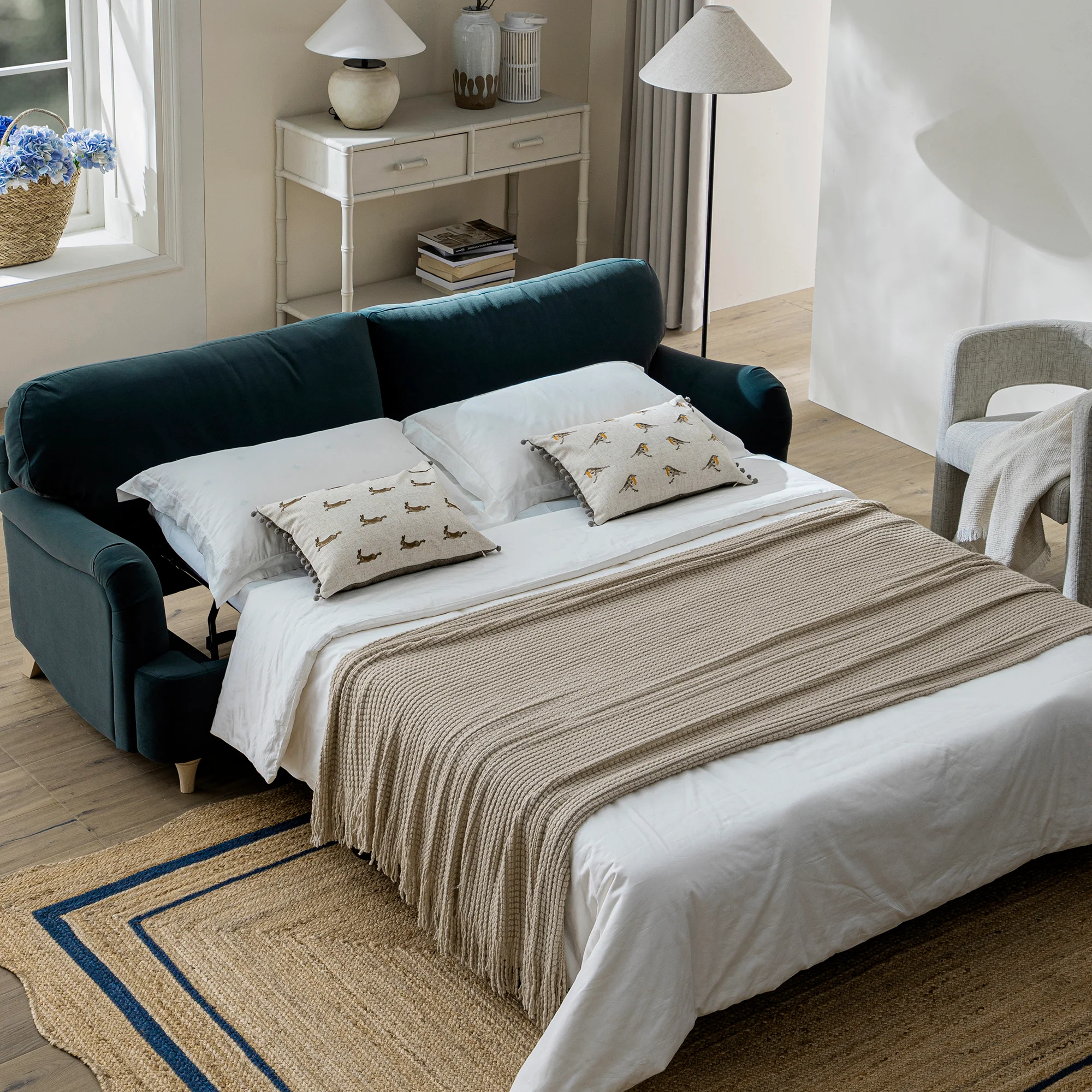 Daphnis Aegean Blue Velvet Sofa Bed, Large 3-Seater - Image 4