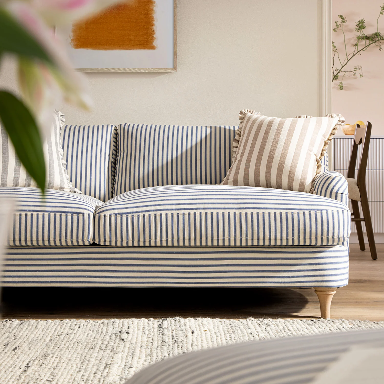 Daphnis Blue Striped Linen Blend Sofa, 3-Seater - Image 4