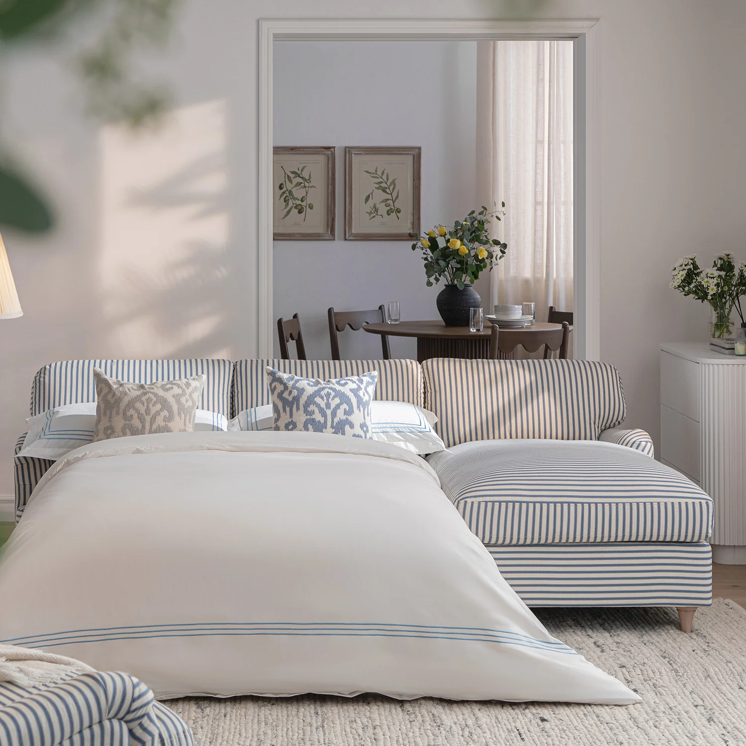 Daphnis Blue Striped Linen Blend Sofa Bed, Grande Chaise Right Hand Facing - Image 3