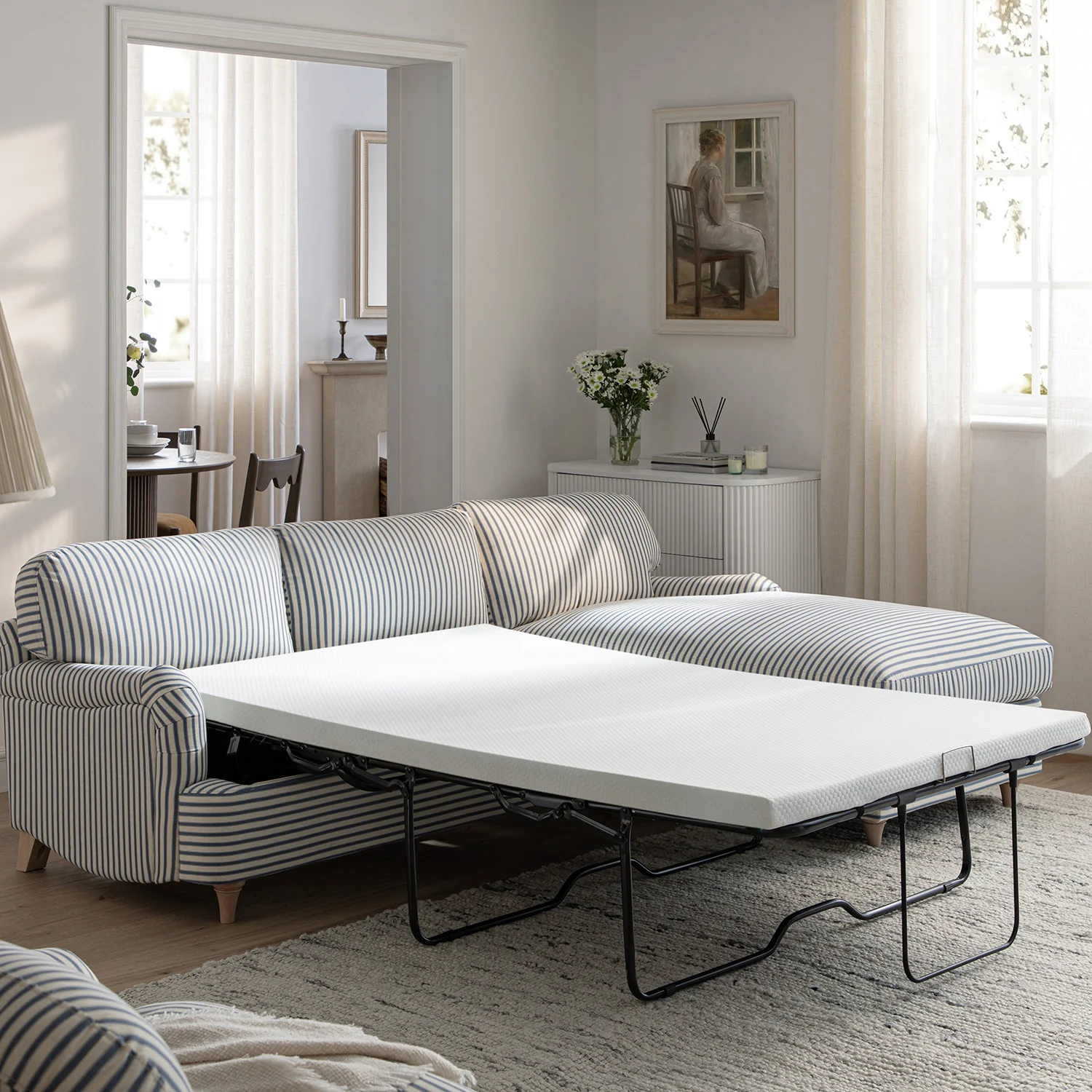 Daphnis Blue Striped Linen Blend Sofa Bed, Grande Chaise Right Hand Facing - Image 4