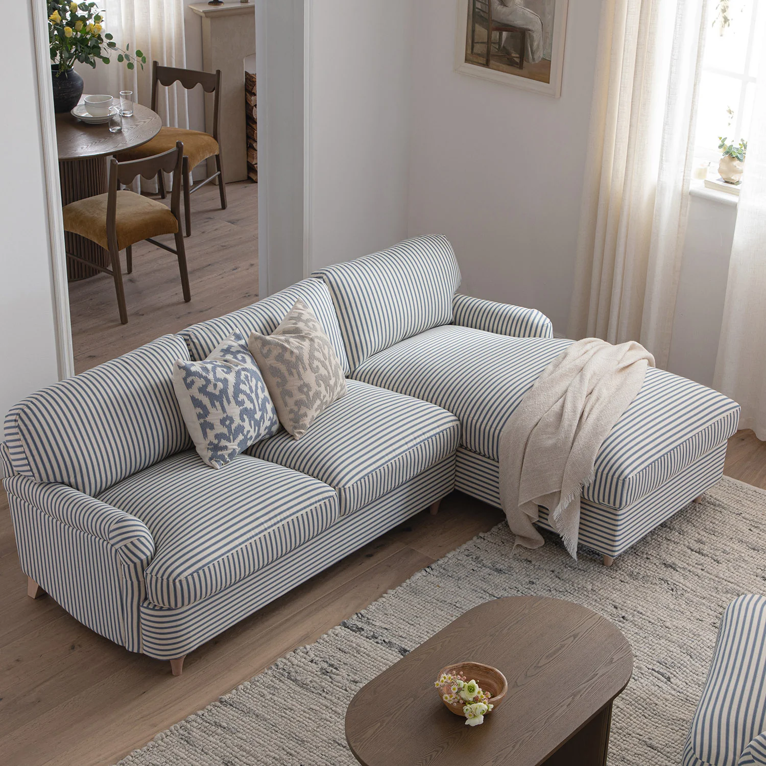 Daphnis Blue Striped Linen Blend Sofa Bed, Grande Chaise Right Hand Facing - Image 5