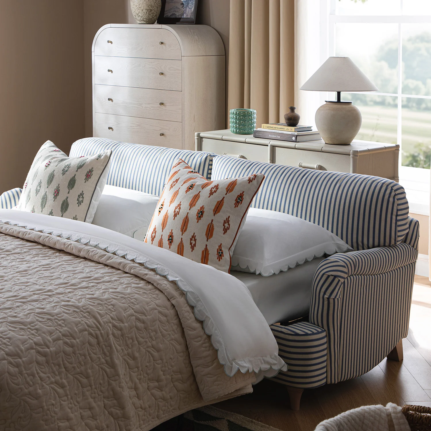 Daphnis Blue Striped Linen Blend Sofa Bed, Large 3-Seater - Image 8