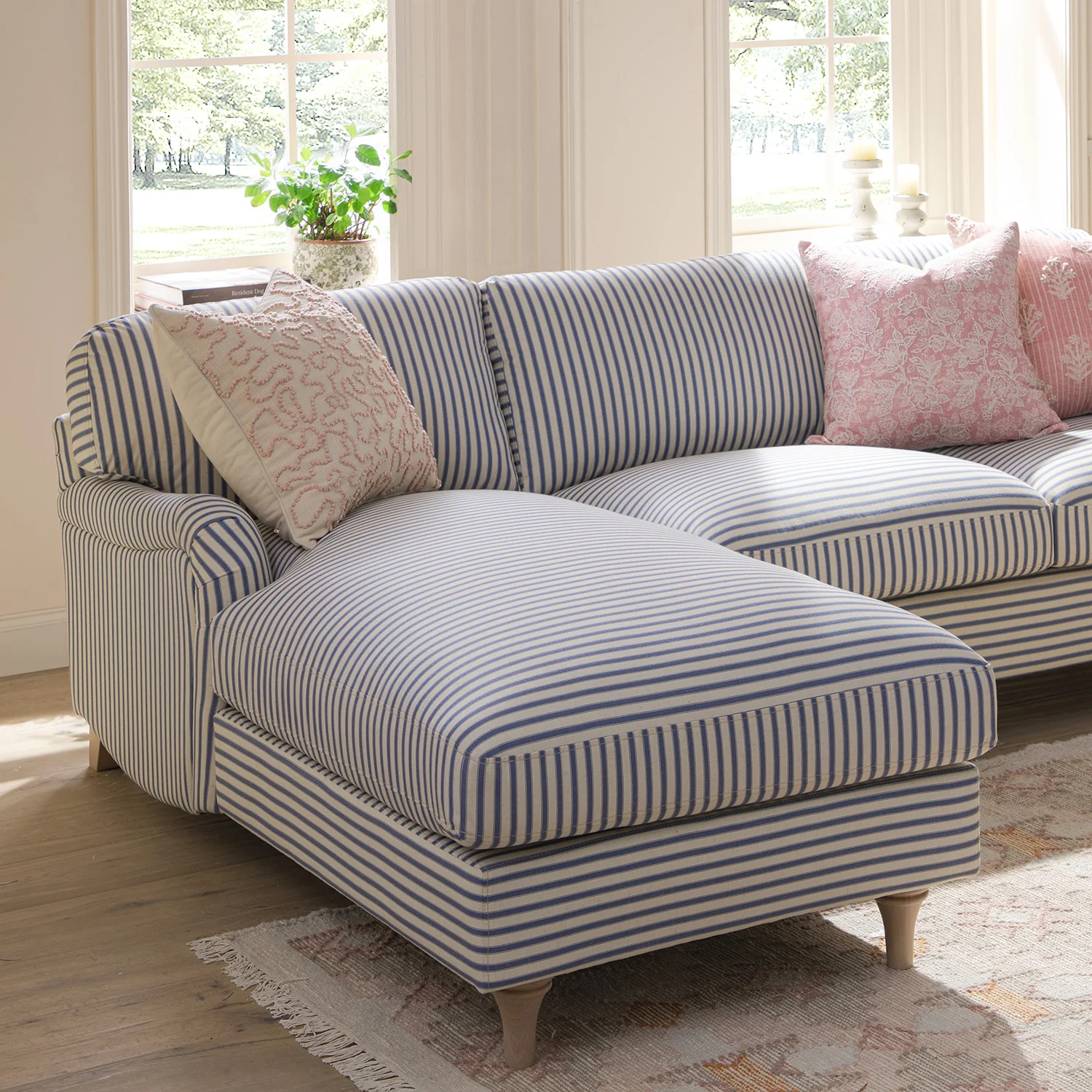 Daphnis Blue Striped Linen Blend Sofa, Grande Chaise Sofa Left Hand Facing - Image 3