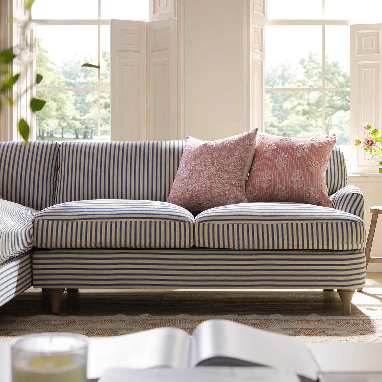 Daphnis Blue Striped Linen Blend Sofa, Grande Chaise Sofa Left Hand Facing - Image 4