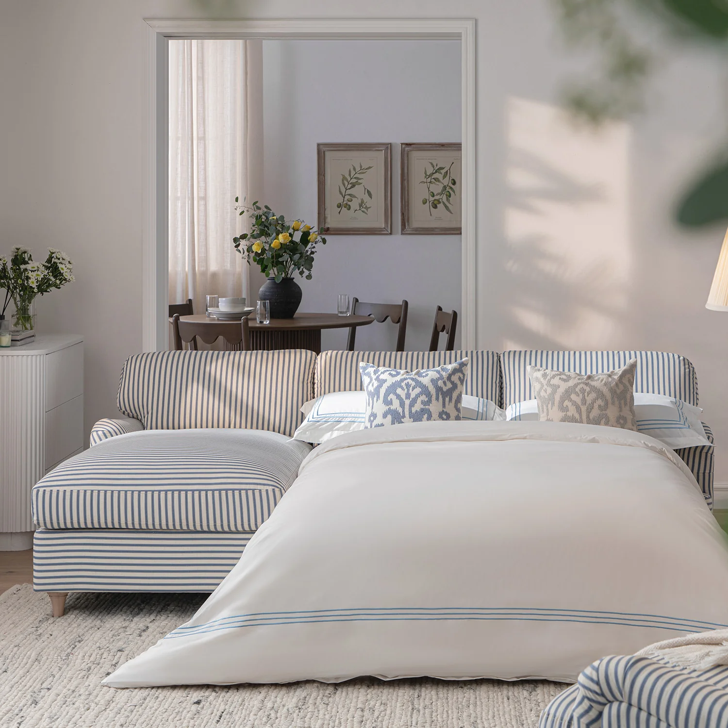 Daphnis Blue Striped Linen Blend Sofa Bed, Grande Chaise Left Hand Facing - Image 3