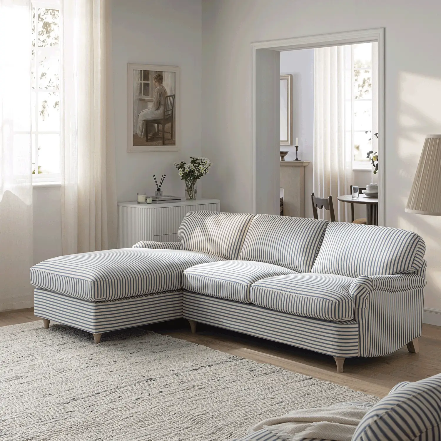 Daphnis Blue Striped Linen Blend Sofa Bed, Grande Chaise Left Hand Facing - Image 4