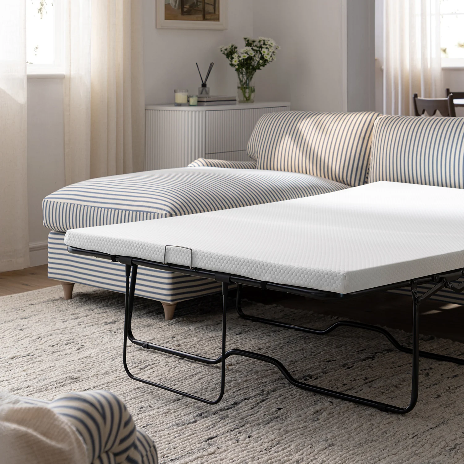 Daphnis Blue Striped Linen Blend Sofa Bed, Grande Chaise Left Hand Facing - Image 5