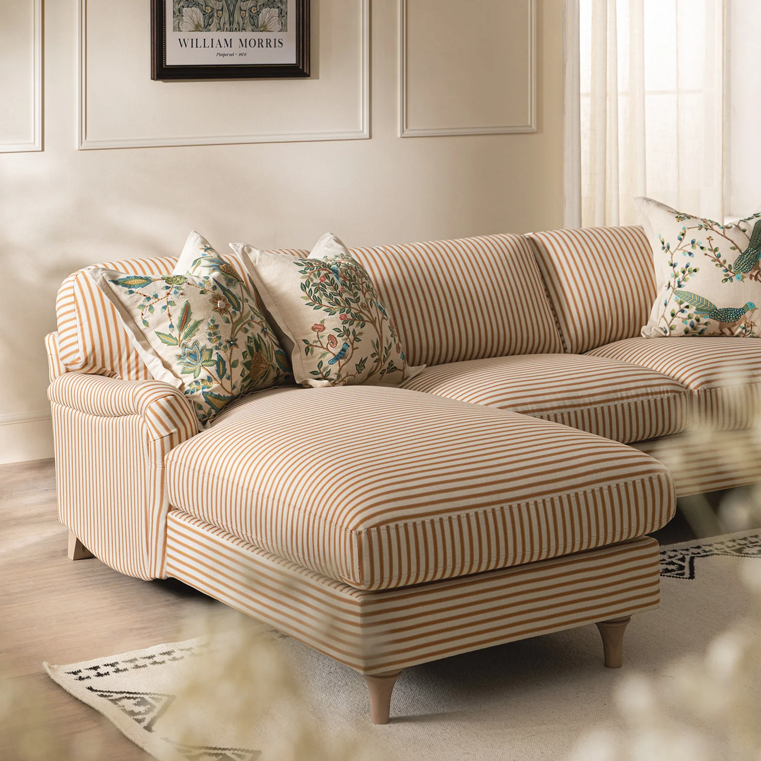 Daphnis Ochre Striped Linen Blend Sofa, Grande Chaise Sofa Left Hand Facing - Image 4