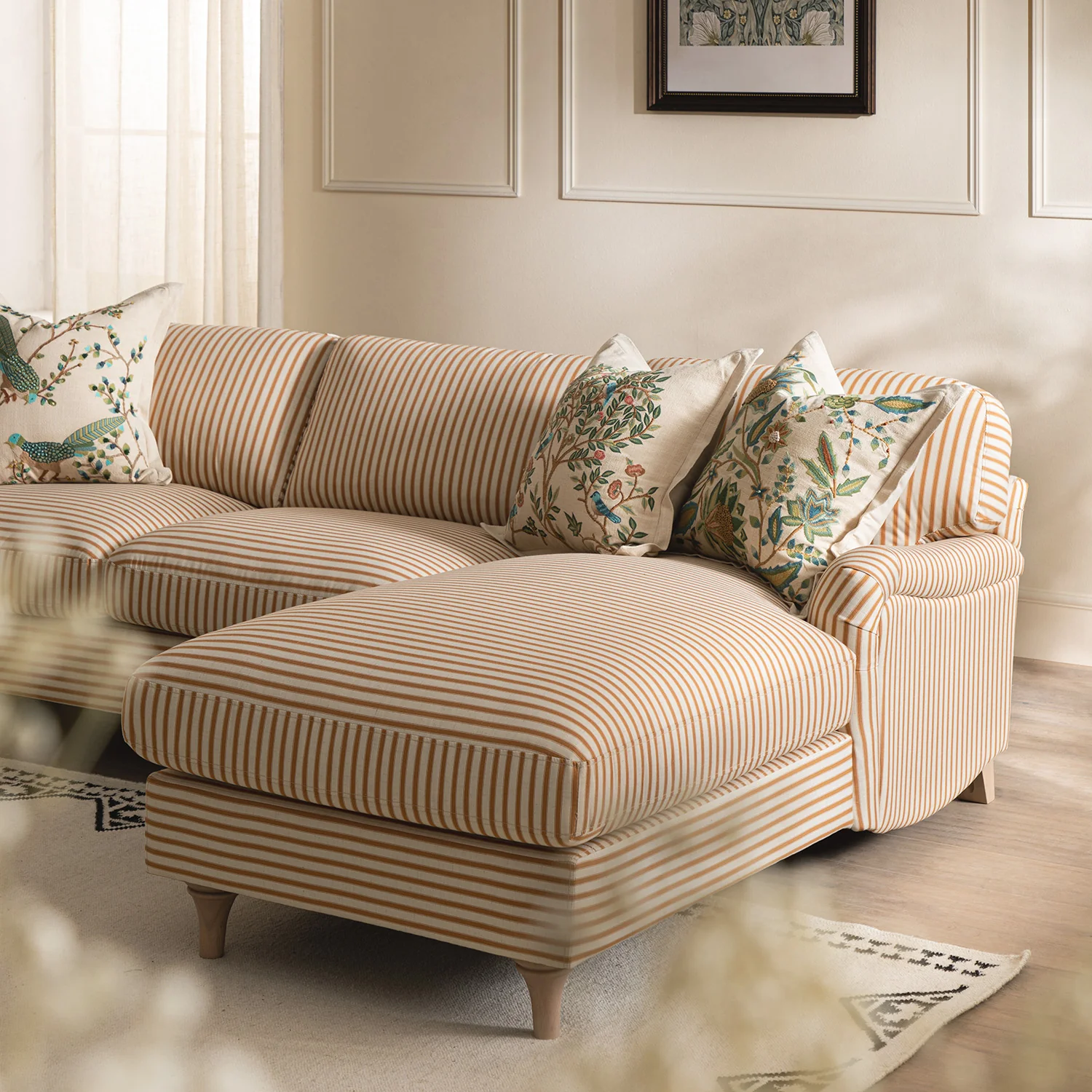 Daphnis Ochre Striped Linen Blend Sofa, Grande Chaise Sofa Right Hand Facing - Image 4