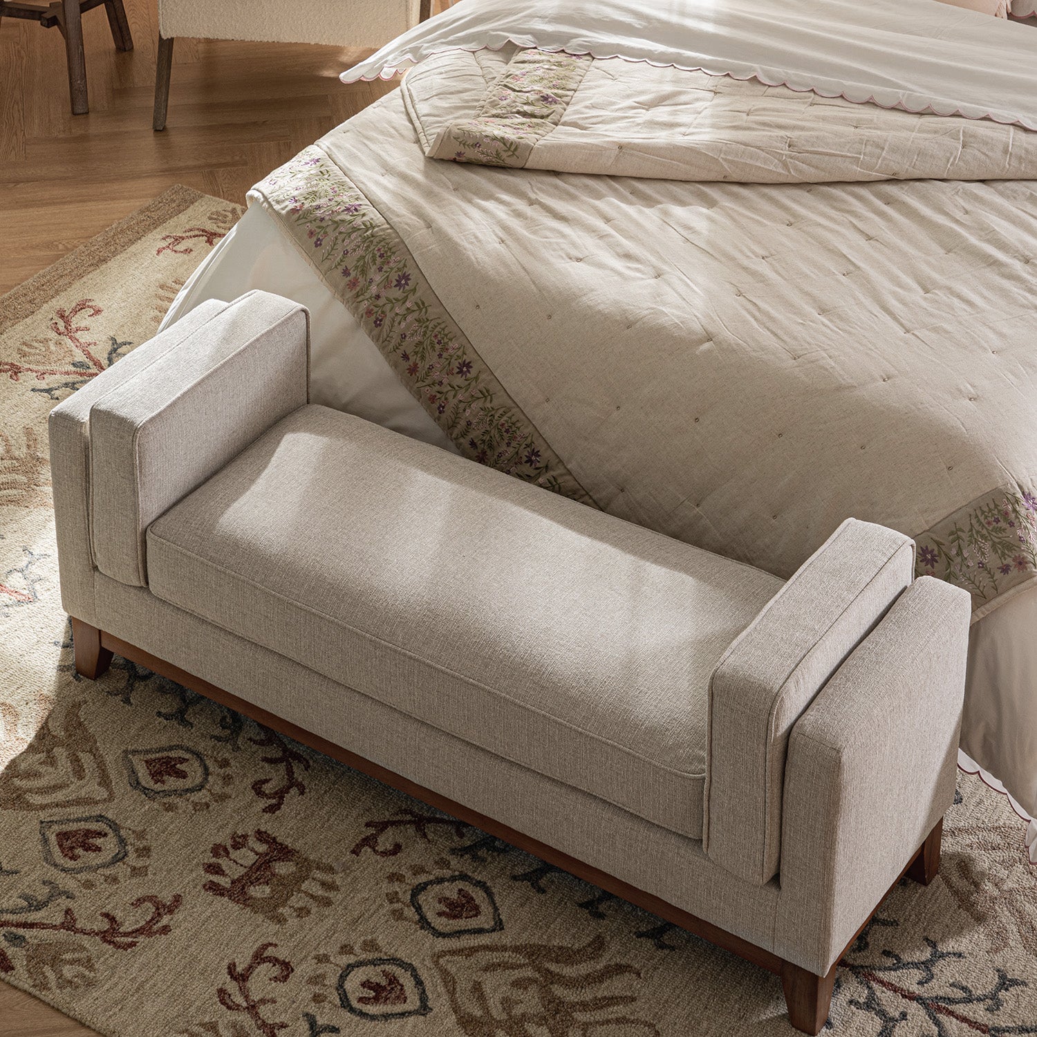 Dipley Oatmeal Woven Fabric Upholstered Bench - Image 3