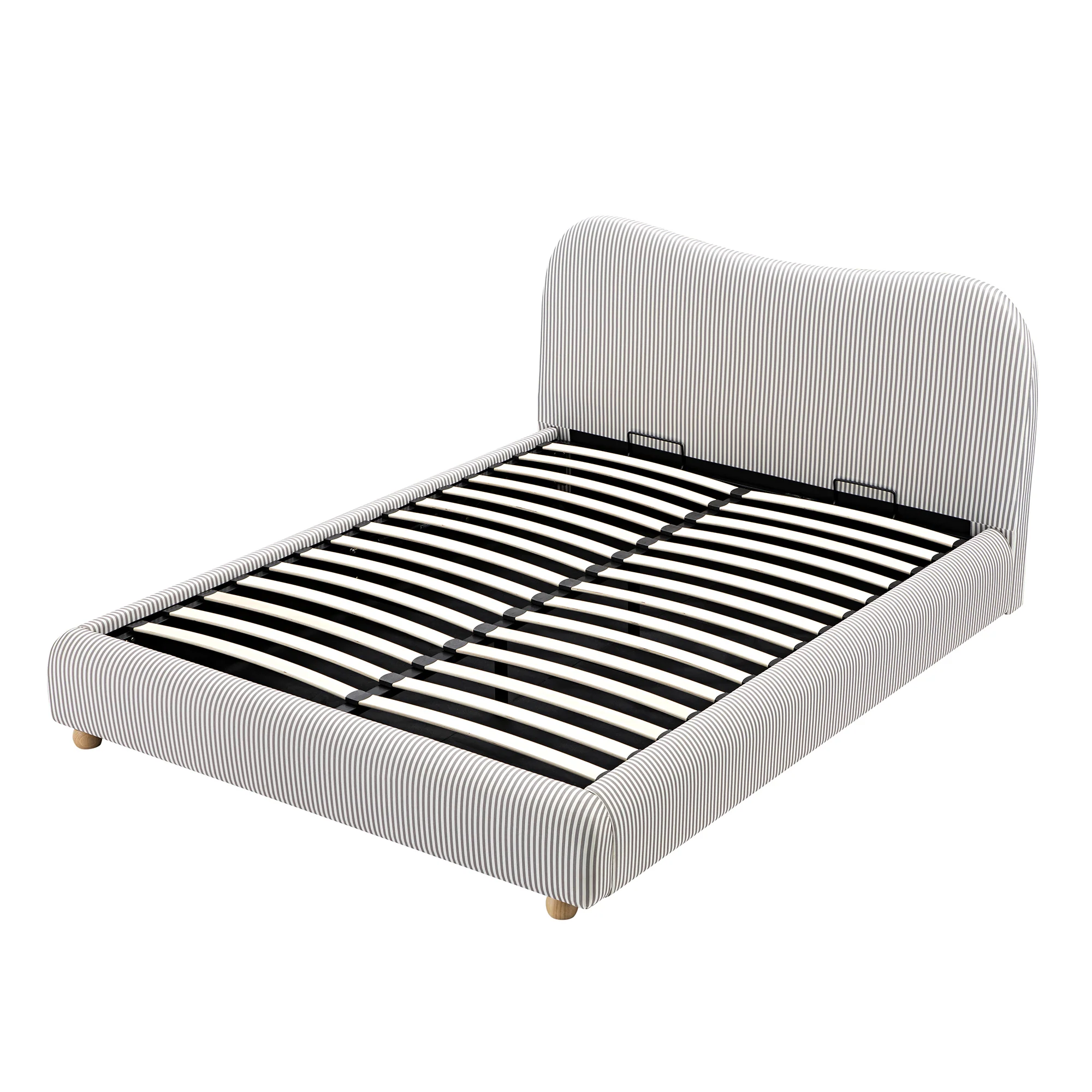 Egerie Curved Headboard Light Taupe Striped Fabric Ottoman Storage Bed - Image 11