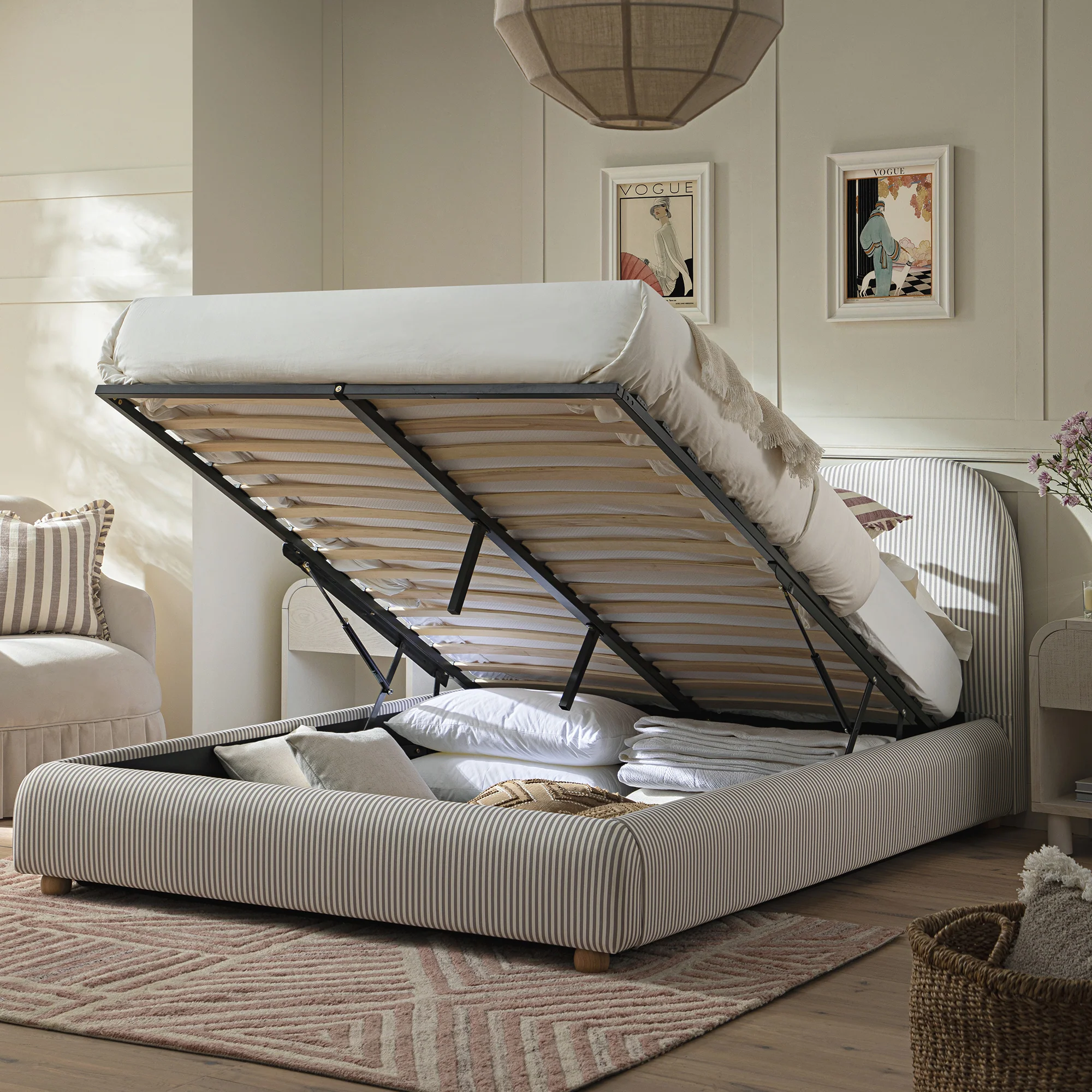 Egerie Curved Headboard Light Taupe Striped Fabric Ottoman Storage Bed - Image 3