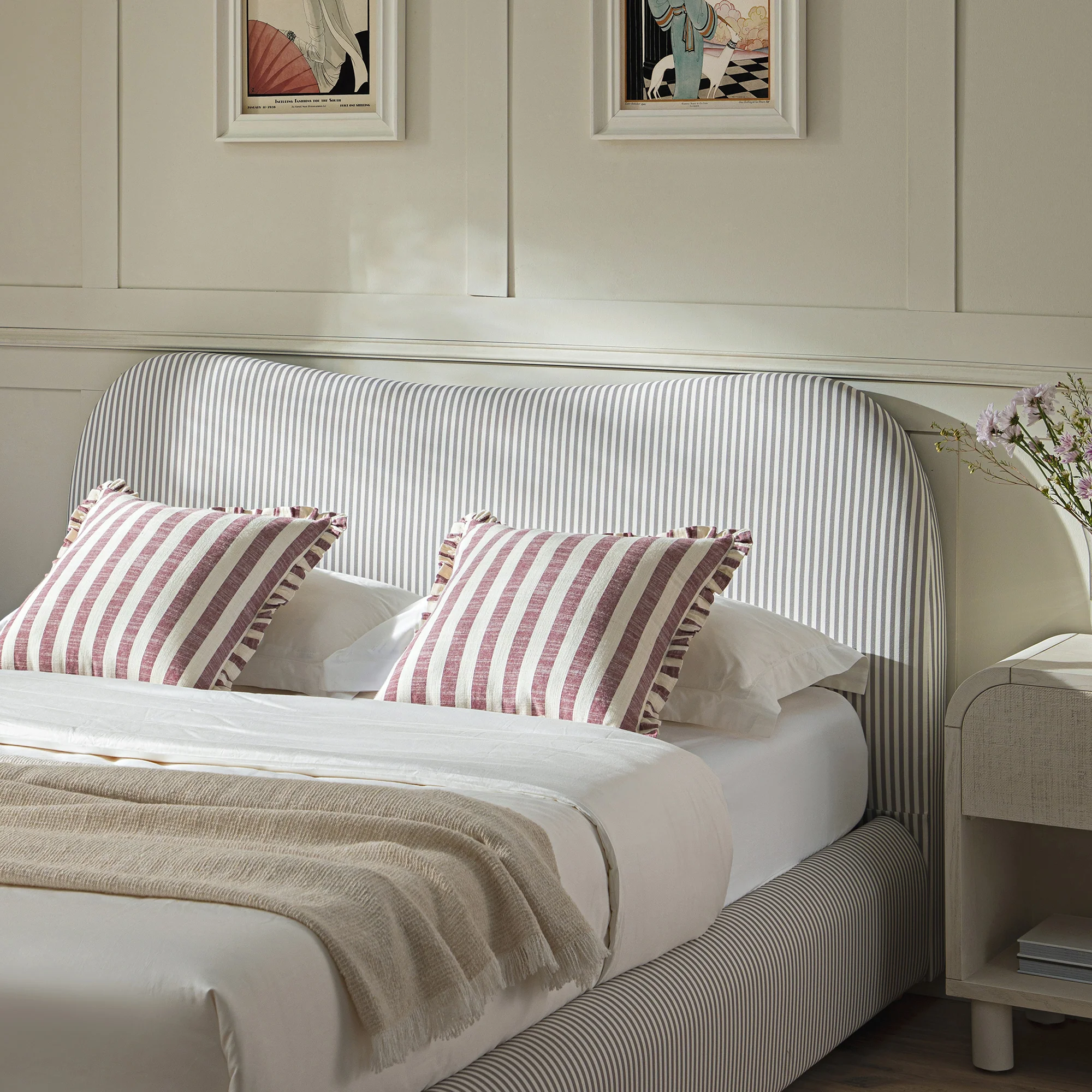 Egerie Curved Headboard Light Taupe Striped Fabric Ottoman Storage Bed - Image 5