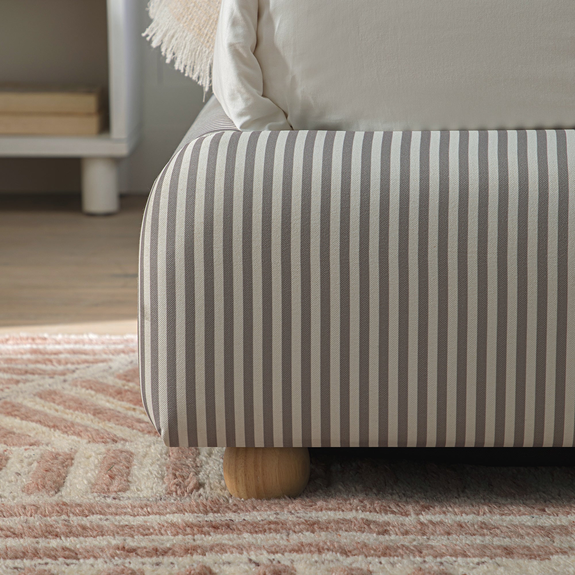 Egerie Curved Headboard Light Taupe Striped Fabric Ottoman Storage Bed - Image 6