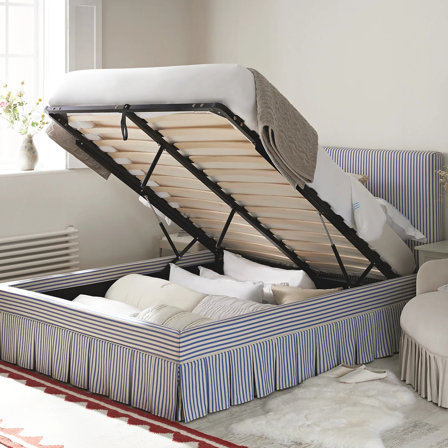 Egerton Box-Pleat Ottoman Storage Bed, Blue Striped Linen - Image 3