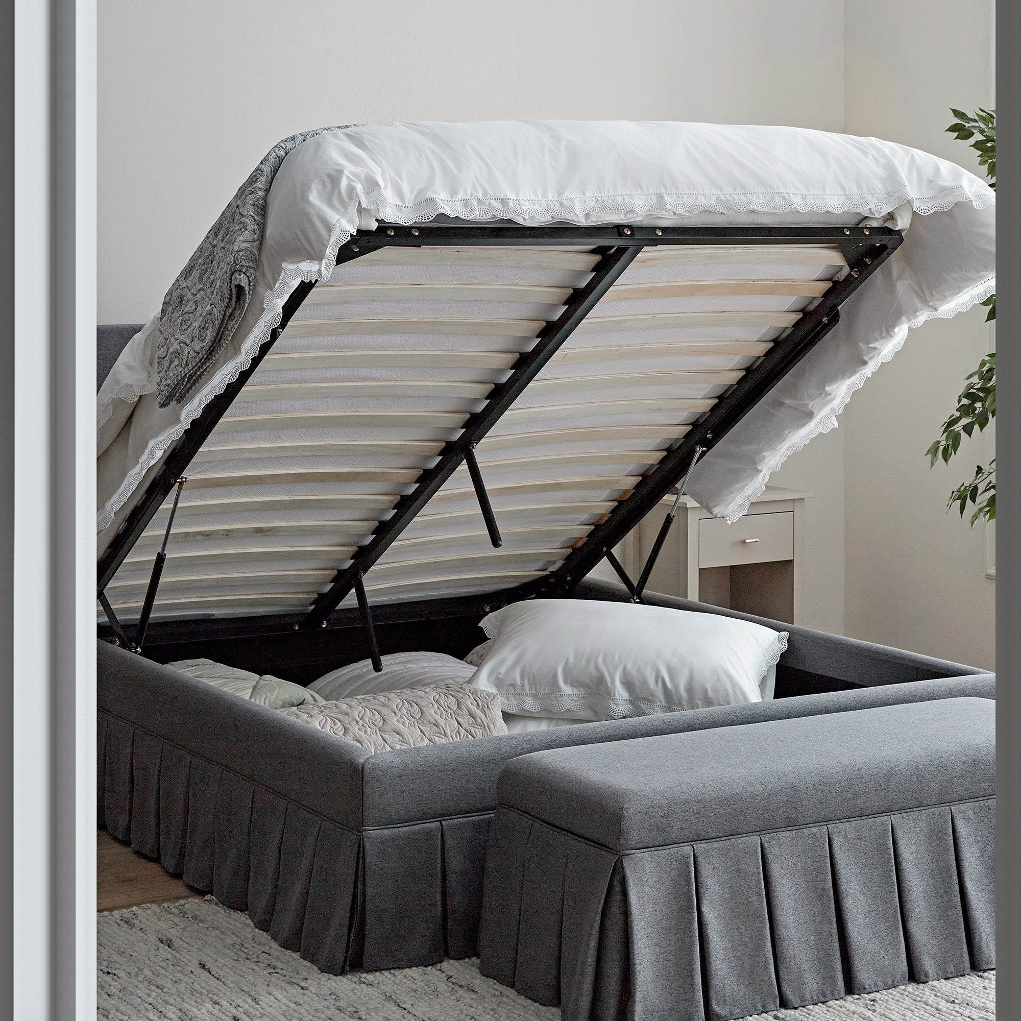 Egerton Box-Pleat Ottoman Storage Bed, Charcoal Brushed Fabric - Image 3