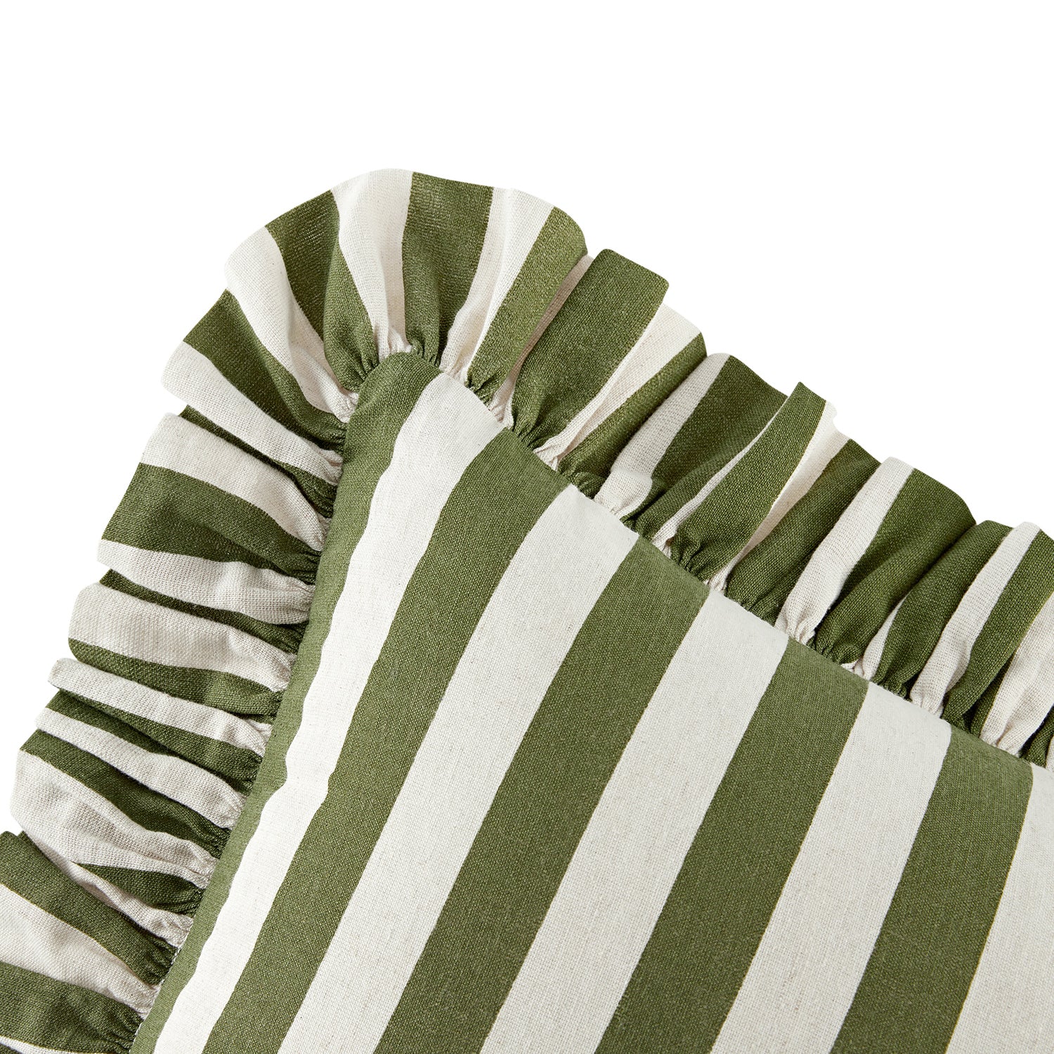 Eliza Olive Green Striped Ruffle Linen Blend Cushion - Image 3