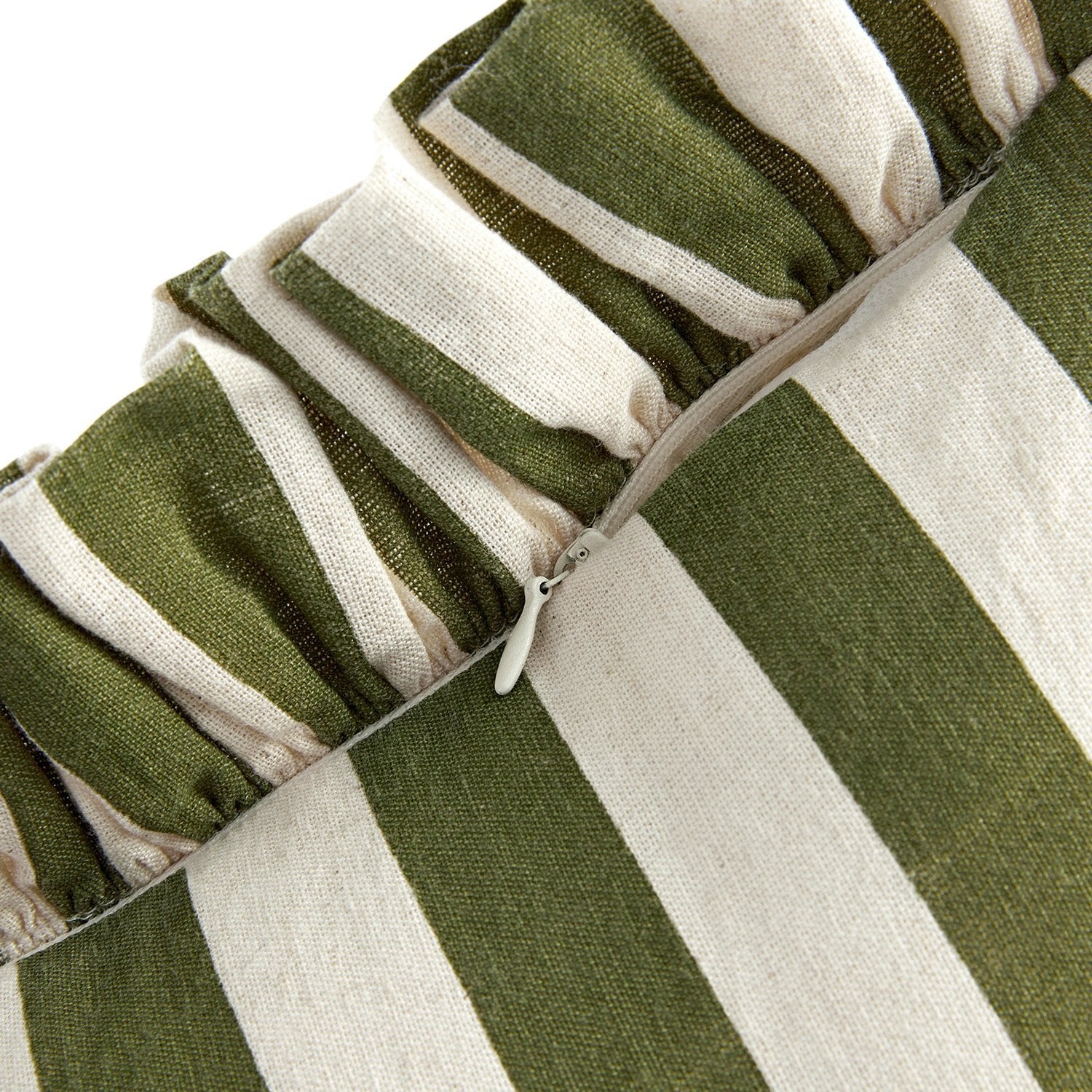Eliza Olive Green Striped Ruffle Linen Blend Cushion - Image 4